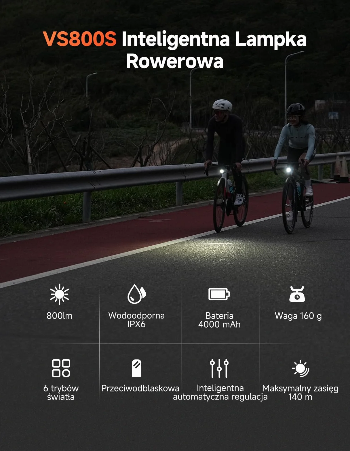iGPSPORT VS800S Inteligentna Przednie Światła Rowerowe 800 LM, Bateria 4000 MAh, Auto Włącz/Wyłącz, Sterowanie Pilotem, 6 Trybów Światła, Antywstrząsowa, Antyodblaskowa, USB-C, Wodoodporność IPX6