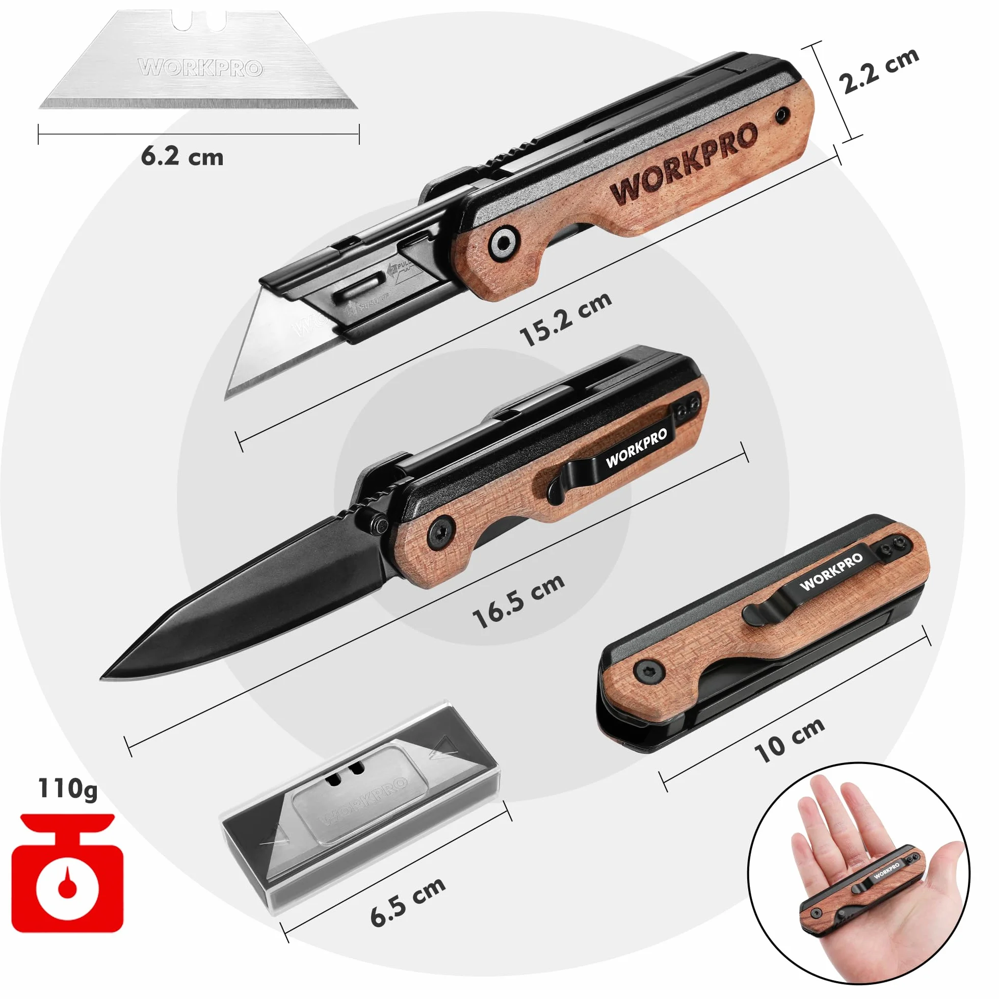 WORKPRO 2‑w‑1 Nóż Kieszonkowy, Składany Nóż Uniwersalny z Aluminium, Cutter z Drewnianym Uchwytem i Klipsem do Paska, Liner-Lock, Wraz z 10 Dodatkowymi Ostrzami