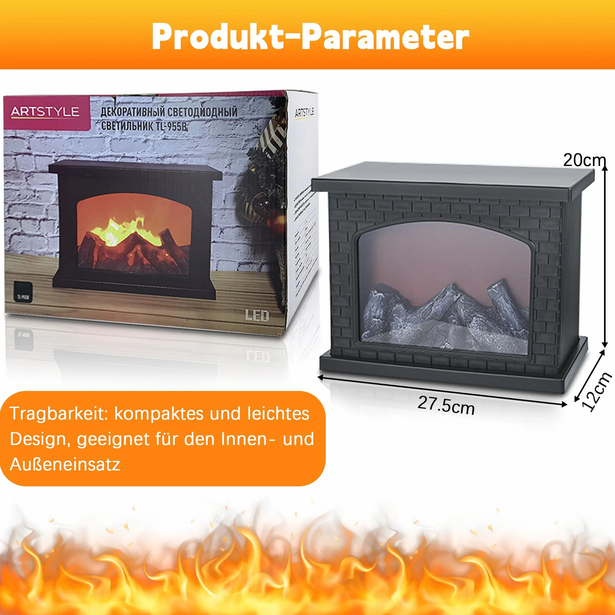 Kominek elektryczny LED - Symulacja kominka z efektem realistycznego płomienia, sterowany dotykowo, zasilany z USB i baterii