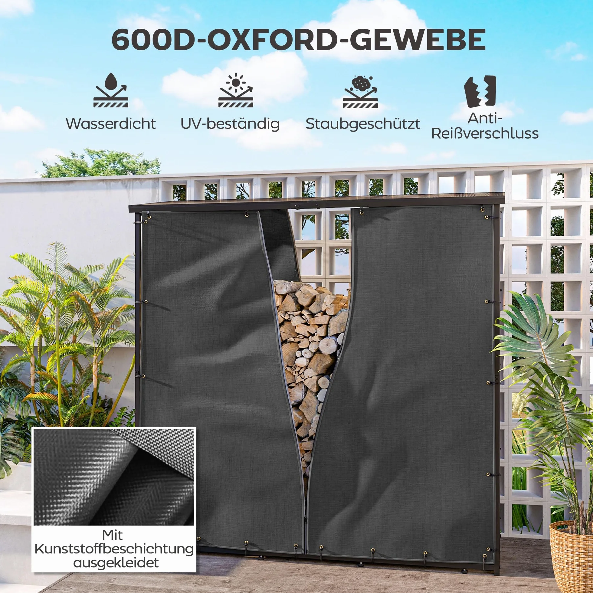 Outsunny Zestaw 2 pokrowców na drewno kominkowe, 174 cm, wodoszczelny 600D Oxford, ochrona przed promieniowaniem UV, osłona regału na drewno opałowe, 176 szer. x 163/175 wys. cm, kolor czarny