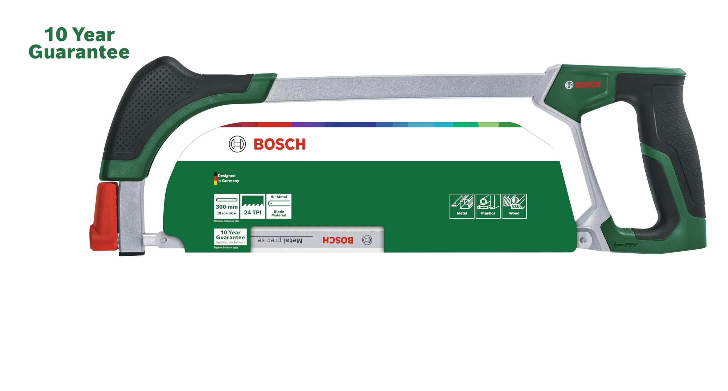 Bosch piłka do metalu 300 mm + 3 zapasowe brzeszcz. (4 trwałymi bimet. brzeszcz. do metalu, drewna i inn. materiałów, mechanizm szybk. zwalniania brzeszczotu, miękka okł. Softgrip) – Amazon Edition