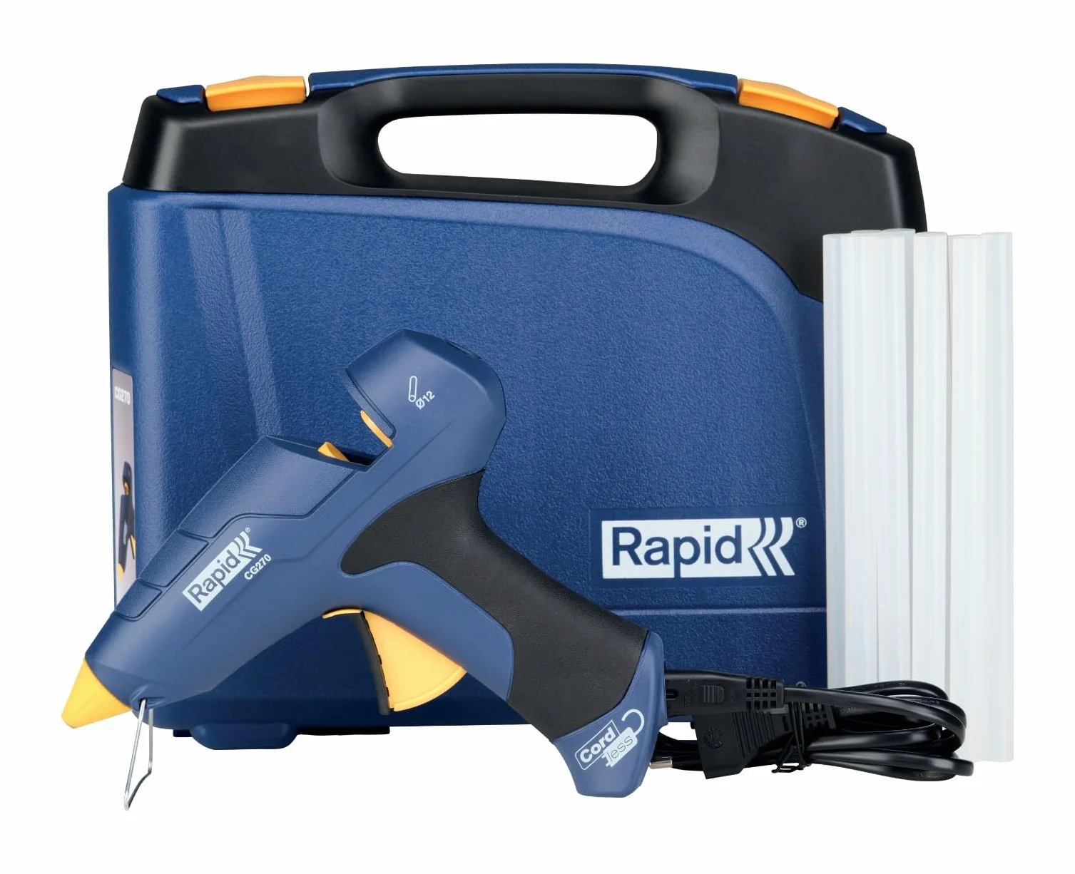 Rapid CG270 pistolet do klejenia na gorąco z odłączanym kablem – zestaw 10 wkładów do kleju i walizka – do majsterkowania, naprawy; przepływ kleju 400 g/h – do 12 mm