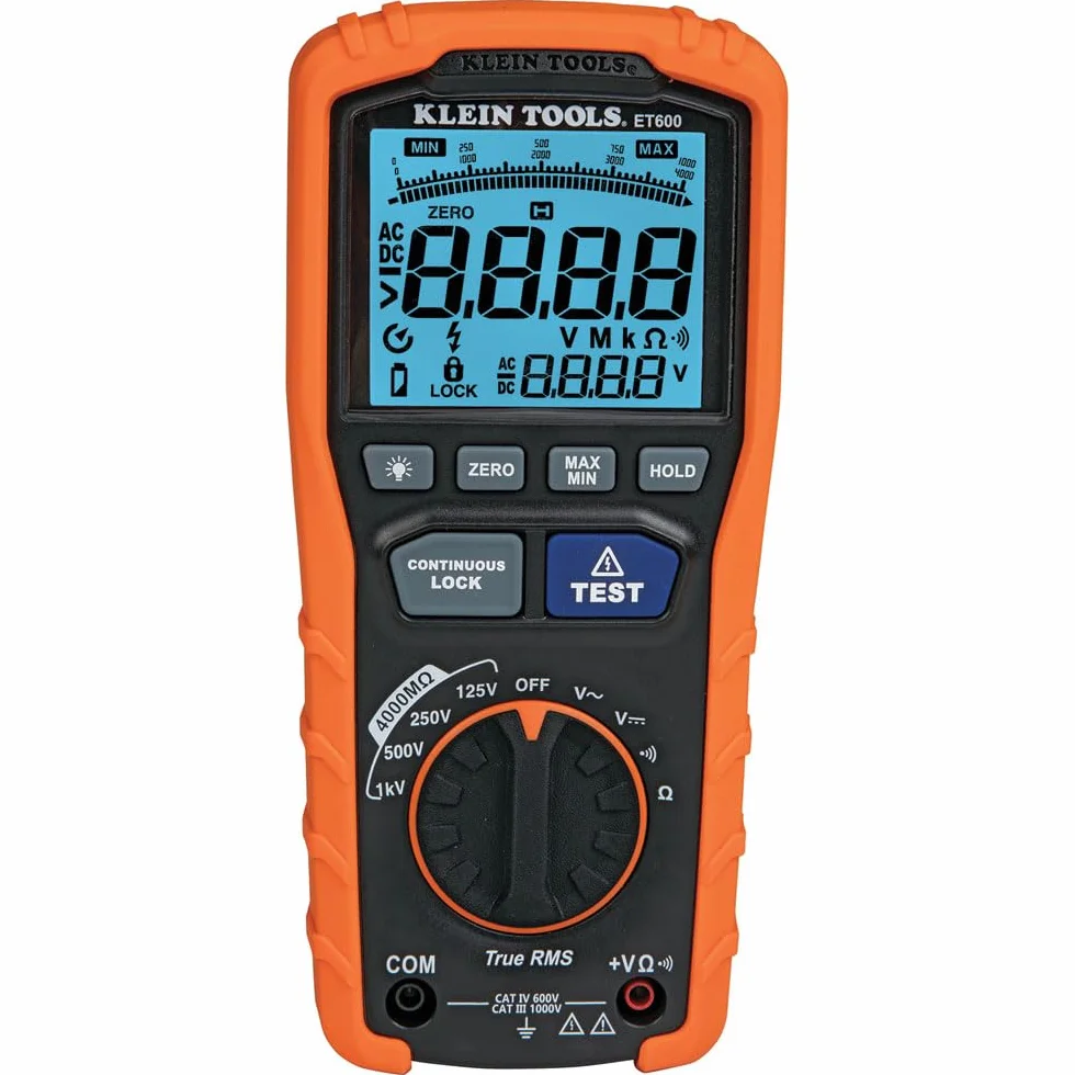 Megaomierz, miernik rezystancji izolacji, rezystor 4000 megaomów, napięcie testowe 125 V/250 V/500 V/1000 V, Klein Tools ET600