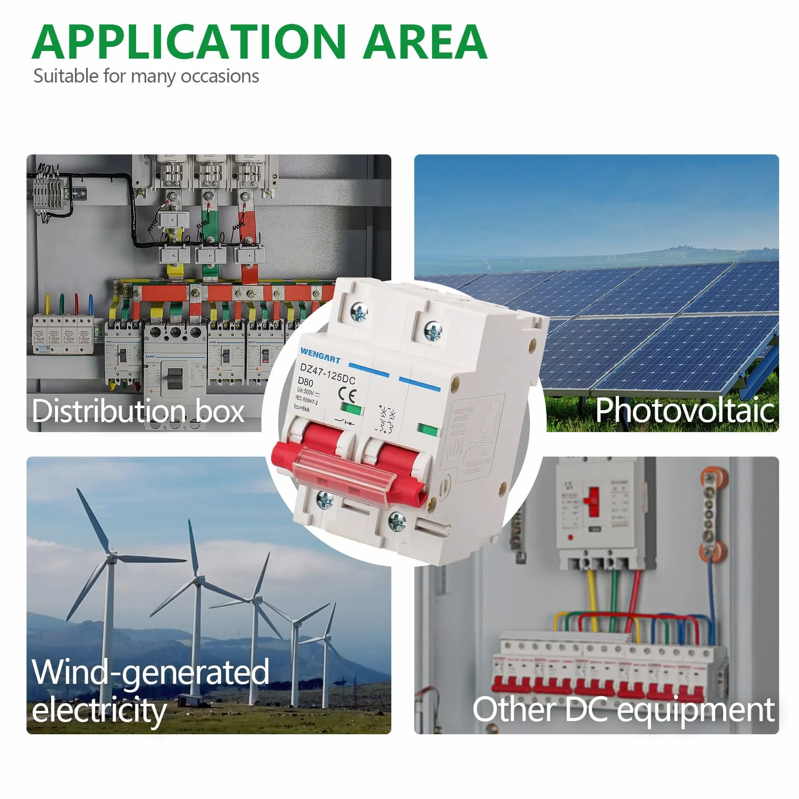 Wengart Wyłącznik nadprądowy DC 2P 80A 500 V, dwubiegunowy bezpiecznik do fotowoltaiki solarnej (PV) i magazynowania baterii, odłącznik DC do instalacji wyspowych, szyna DIN