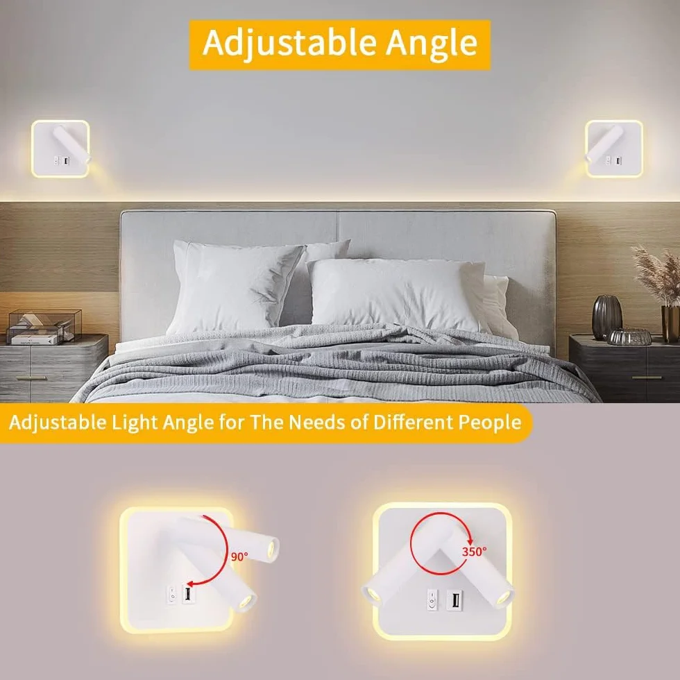 ERWEY Kinkiet LED 8 W lampka nocna do czytania Lampa ścienna z regulowanym reflektorem (3W 4000K +5 W 3000K) z portem ładowania USB (kwadrat, biały)