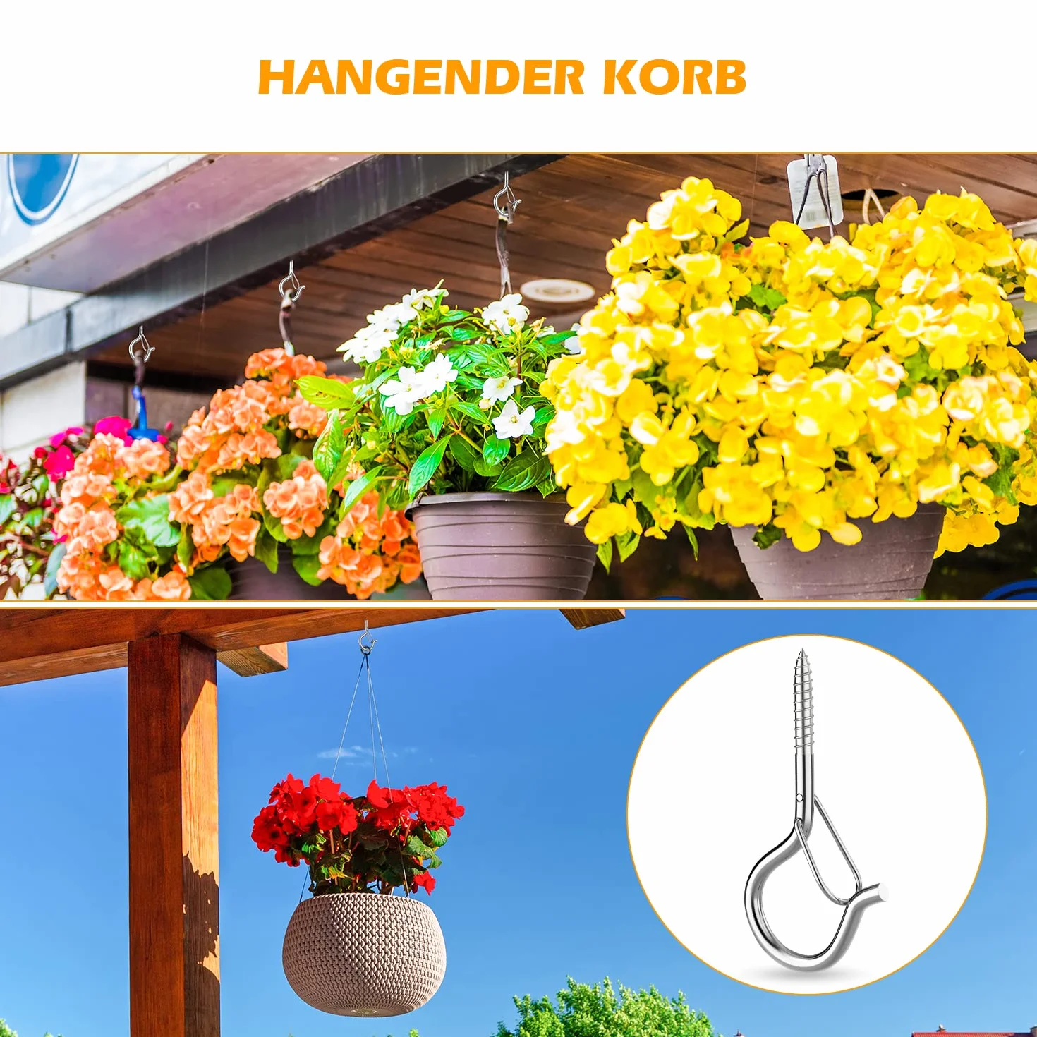 MOGADEE® 20 sztuk haczyków śrubowych ze stali nierdzewnej, haki do wkręcania, haki sufitowe do dużych obciążeń ze śrubami, haki śrubowe z zabezpieczeniem, śruby do zawieszenia, kosze na rośliny,