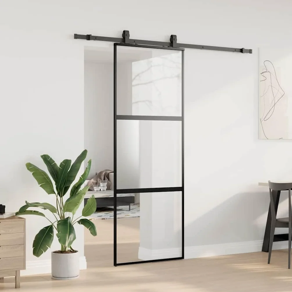 Aluminiowe drzwi przesuwne czarne 76 x 205 cm z matowym szkłem hartowanym, łącznie z zestawem okuć ze stali malowanej proszkowo dla cichego i bezpiecznego użytkowania