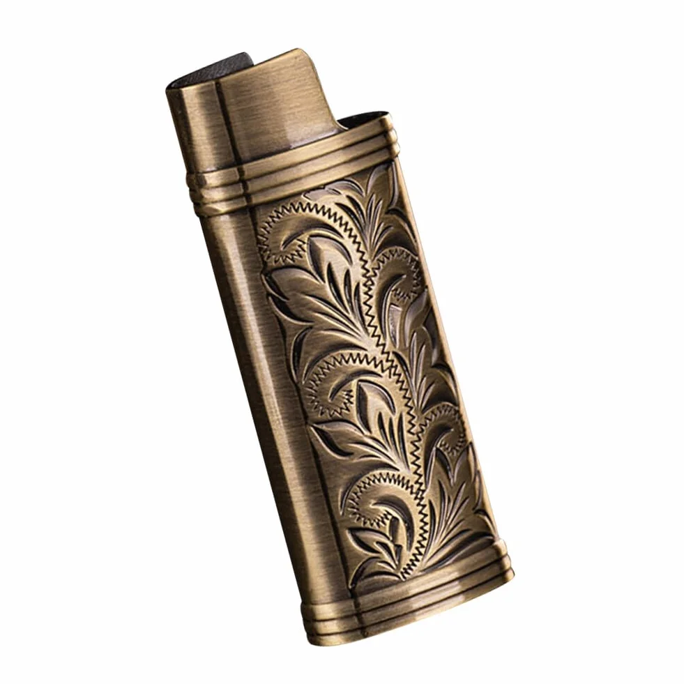 BYNYXI 3 sztuki etui na zapalniczkę w stylu vintage do mini zapalniczki BIC, przenośna osłona na zapalniczkę, metalowa, retro, z łańcuszkiem, grawerunek, wielokrotnego użytku, regularne