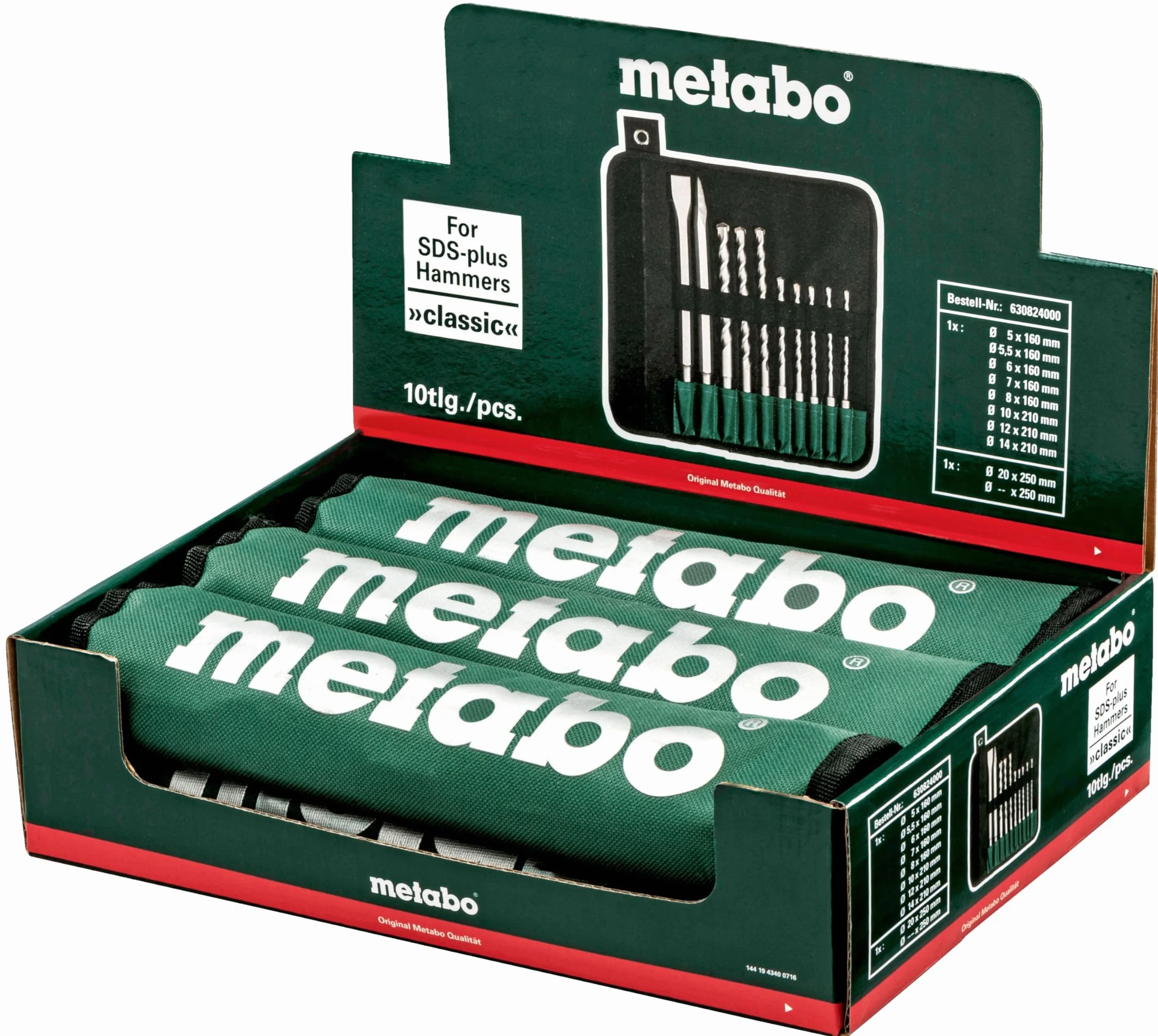 Metabo 630824000 SDS-Plus klasyczny zestaw wierteł/dłut, 0 V, zielony, zestaw 10 sztuk