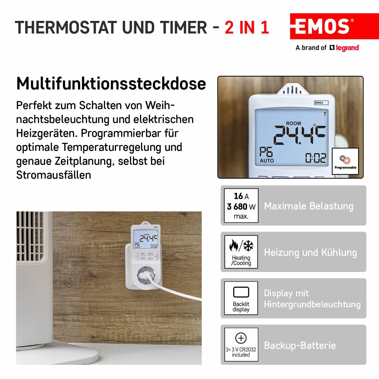 EMOS Termostat gniazdkowy 2 w 1 i timer, cyfrowy regulator temperatury pomieszczenia i timer gniazdko do ogrzewania i chłodzenia, grzejnika, ogrzewania na podczerwień, akwarium, terrarium, szklarni