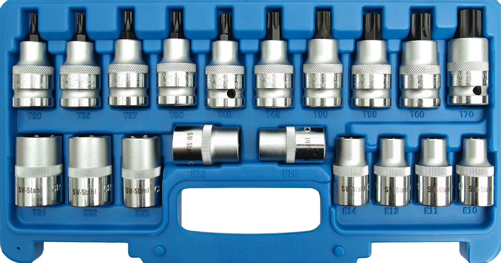 SW-Stahl 04180L Zestaw Nasadek Torx T i E, 19 Sztuk, 1/2 Cala, T30-T70 | Komplet kluczy nasadowych do śrub kombi E10-E24, stal chromowo-wanadowa, profesjonalne akcesoria warsztatowe 12,5 mm