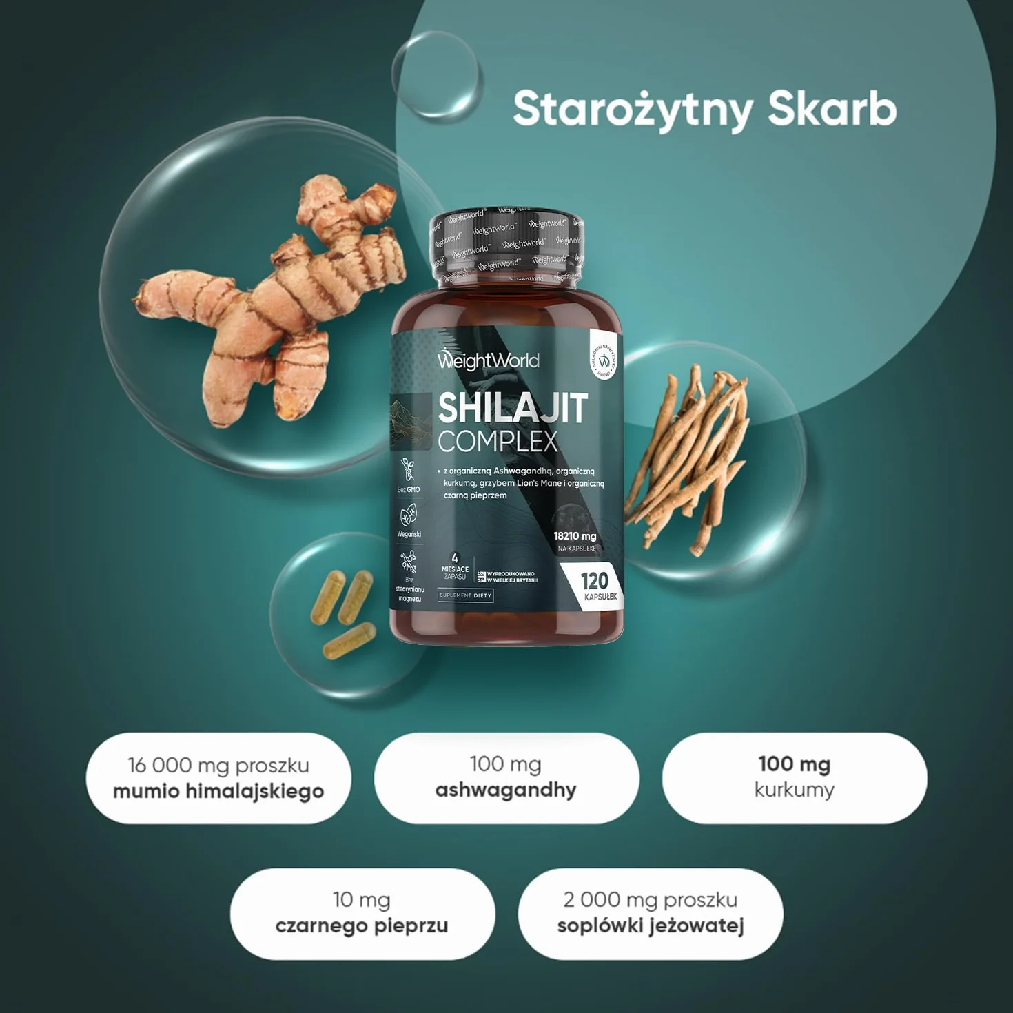 Shilajit Complex 18210 mg 120 Kapsułek Ashwagandha Soplówka Jeżowata Kurkuma 16000 mg Proszek Wegański Bez GMO