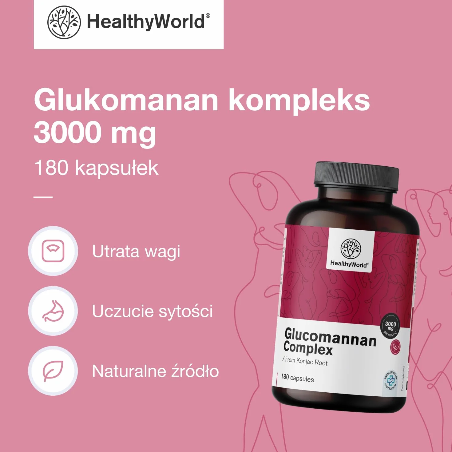 HealthyWorld Glukomanan kompleks 3000 mg – Z Korzenia Konjac - 180 kapsułek - Wsparcie w Odchudzaniu - Z dodatkiem Choliny, Chromu, Witaminami D3 i B3 - Wolny od GMO - 1-miesięczny Zapas