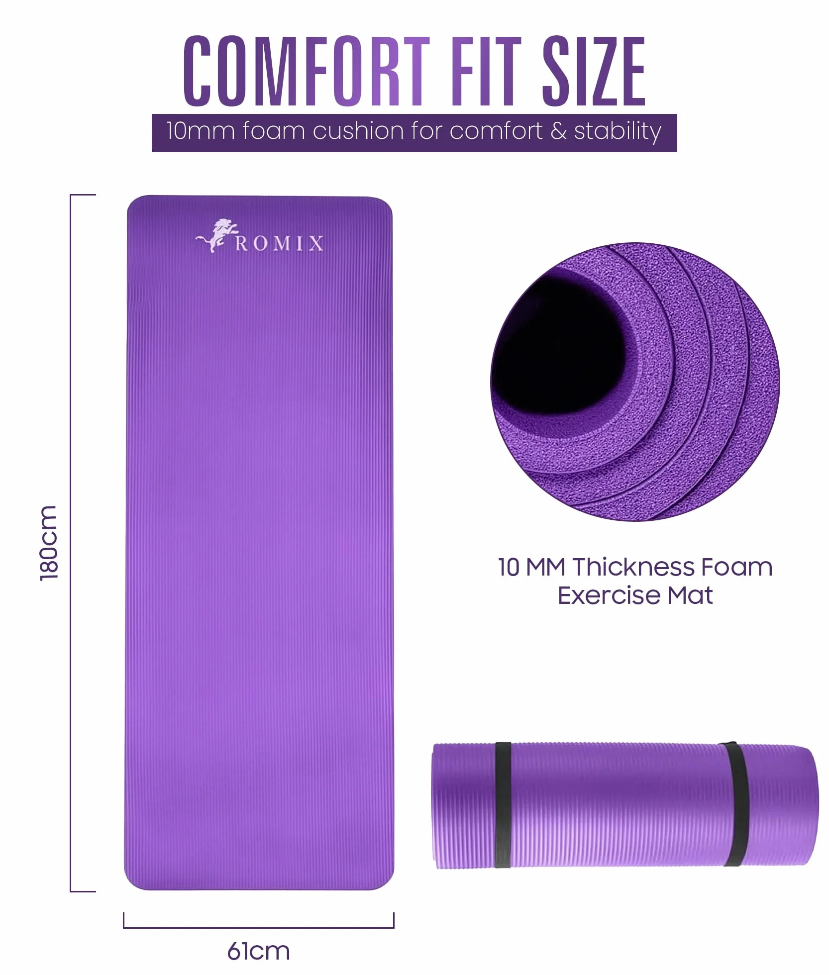 ROMIX Mata do Jogi Gruba 10 mm, Mata do Ćwiczeń z Pianki TPE Dla Kobiet i Mężczyzn, Yoga Mat Antypoślizgowa Mata Gimnastyczna z Torbą do Przenoszenia i Paskiem do siłownię i domu