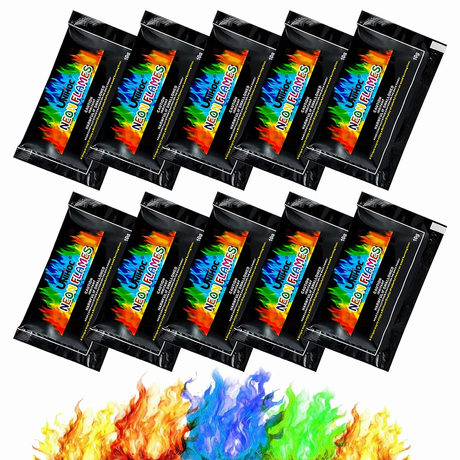 Kolorowy proszek do ognia, magiczny neonowy płomień, magiczny płomień, 10 x 10 g Magic Fire Powder, kolorowy ogień, na Boże Narodzenie magiczny proszek, kolorowy płomień do kominka w proszku do