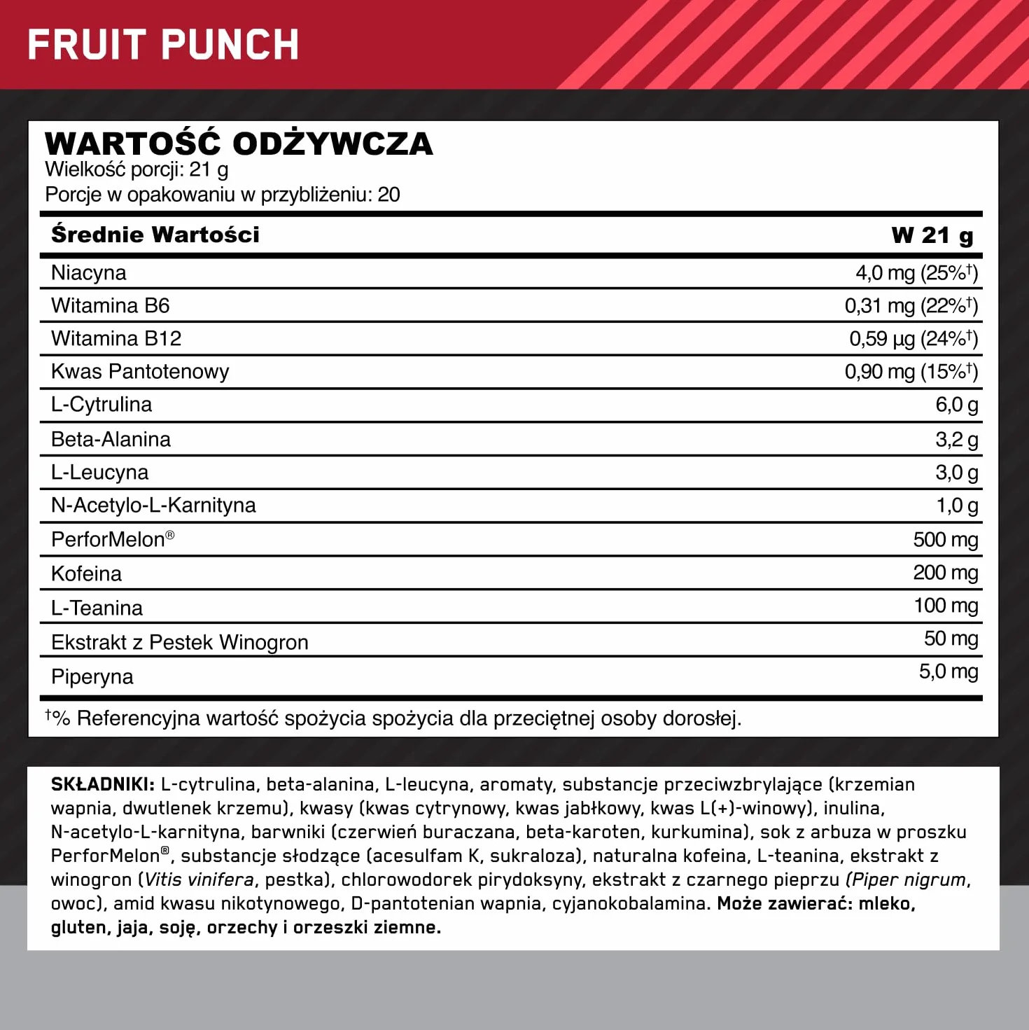Optimum Nutrition Gold Standard przedtreningowa odżywka energetyczna monohydrat kreatyny beta-alanina kofeina wit. B12 B6 Fruit Punch 420 g