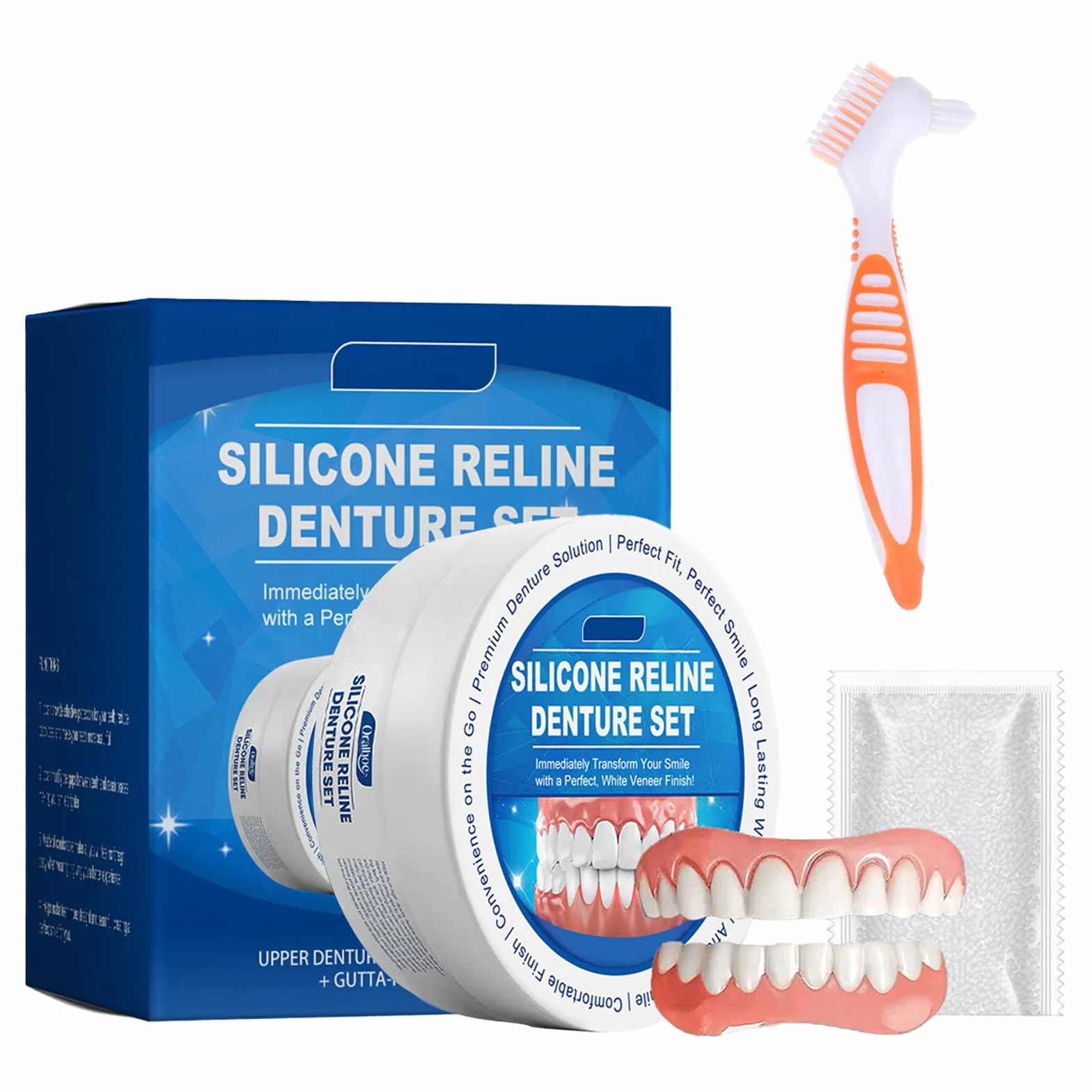 Furzero Bikenda zestaw do modyfikacji protez zębowych Gebiss Denture Silicone Reline Kit Silikonowe protezy zębowe Kompletne silikonowe protezy zębowe Protezy dla ludzi W zestawie z 1 pomarańczową