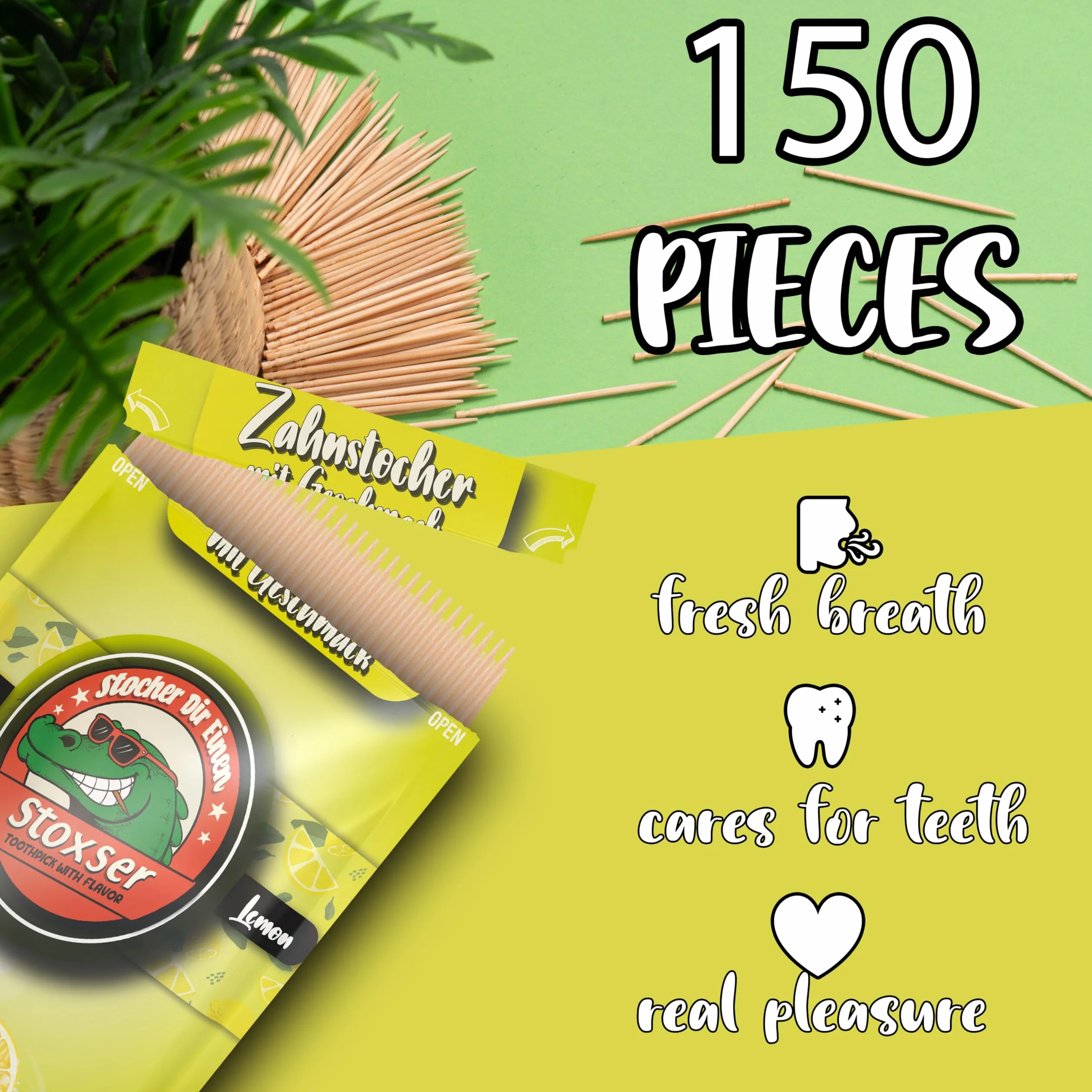 150 x wykałaczka o smaku cytryny, rewolucja smaku, wykałaczka o smaku bez gumy do żucia, wspiera pastę do zębów, usuwanie kamienia nazębnego, nić dentystyczna, bez cukru