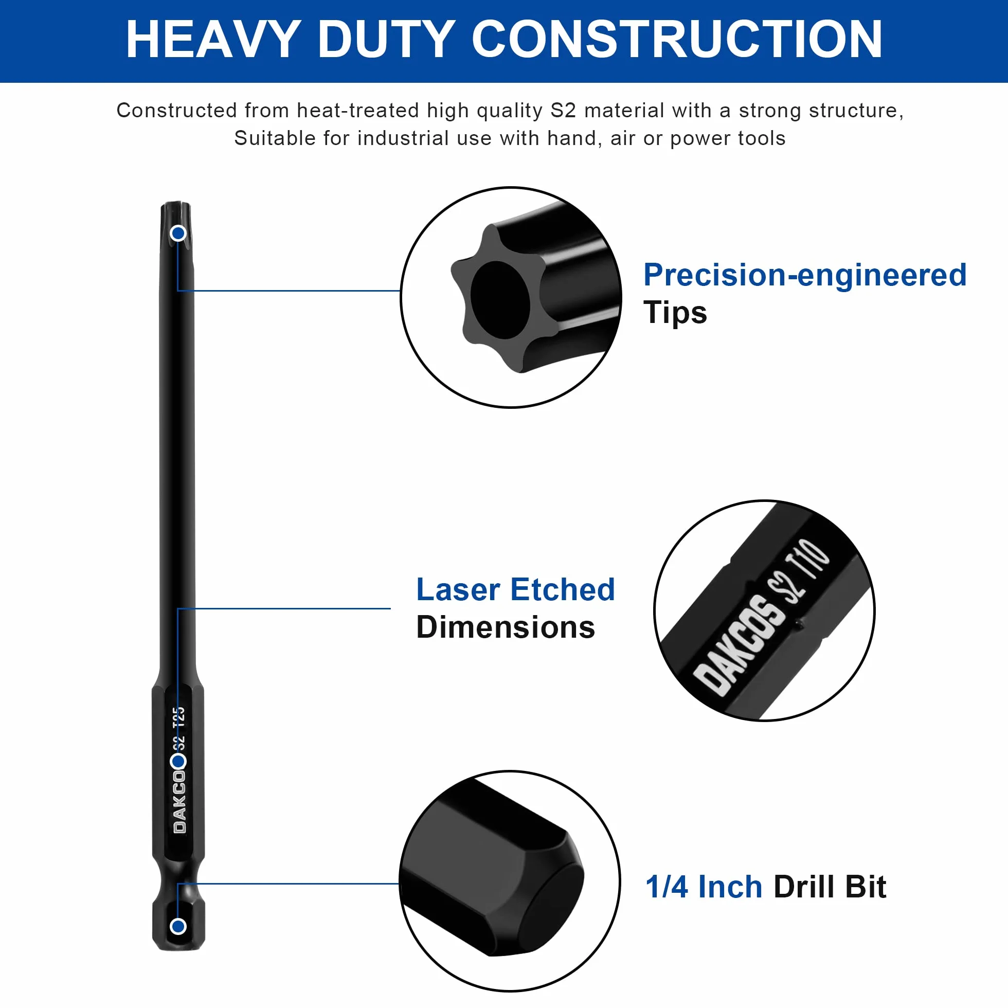 DAKCOS T6 - T40 zestaw bitów Torx odporny na manipulacje, 11-częściowy zestaw bitów Security Star, długość 100 mm, stal stopowa Premium S2