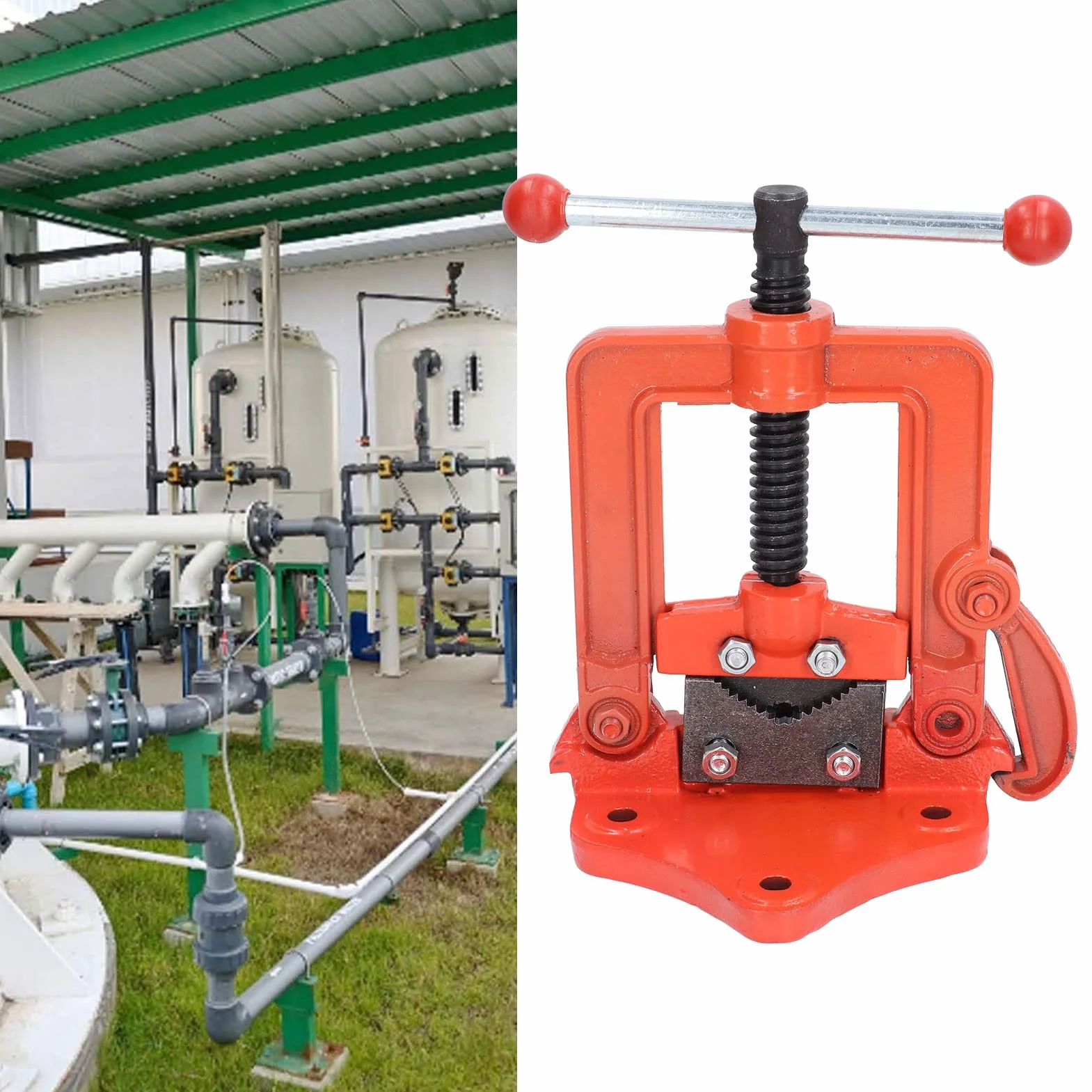 Wytrzymałe Imadło do Rur z Przegubowym Zaciskiem Jarzmowym, Imadło Hydrauliczne do Gwintowania Rur ze Stali Stopowej Cięcia i Gwintowania, Pasuje o średnicy Wewnętrznej 15–50 Mm, stół