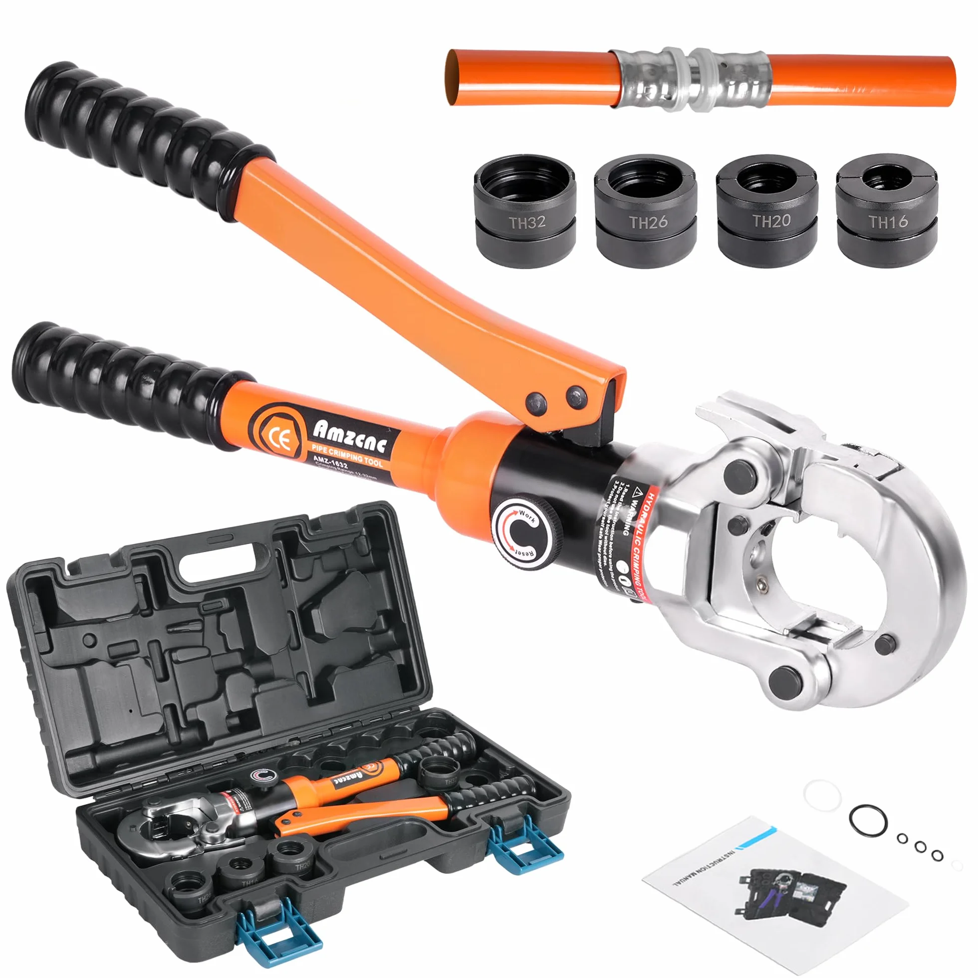 AMZCNC Profi Presszange TH-Kontur 16-20-26-32 Zestaw narzędzi do zaciskania z obrotowym 360° uchwytem, do rur kompozytowych z złączkami TH-Kontur, wkładki do zaciskania TH16, TH20, TH26, TH32 w