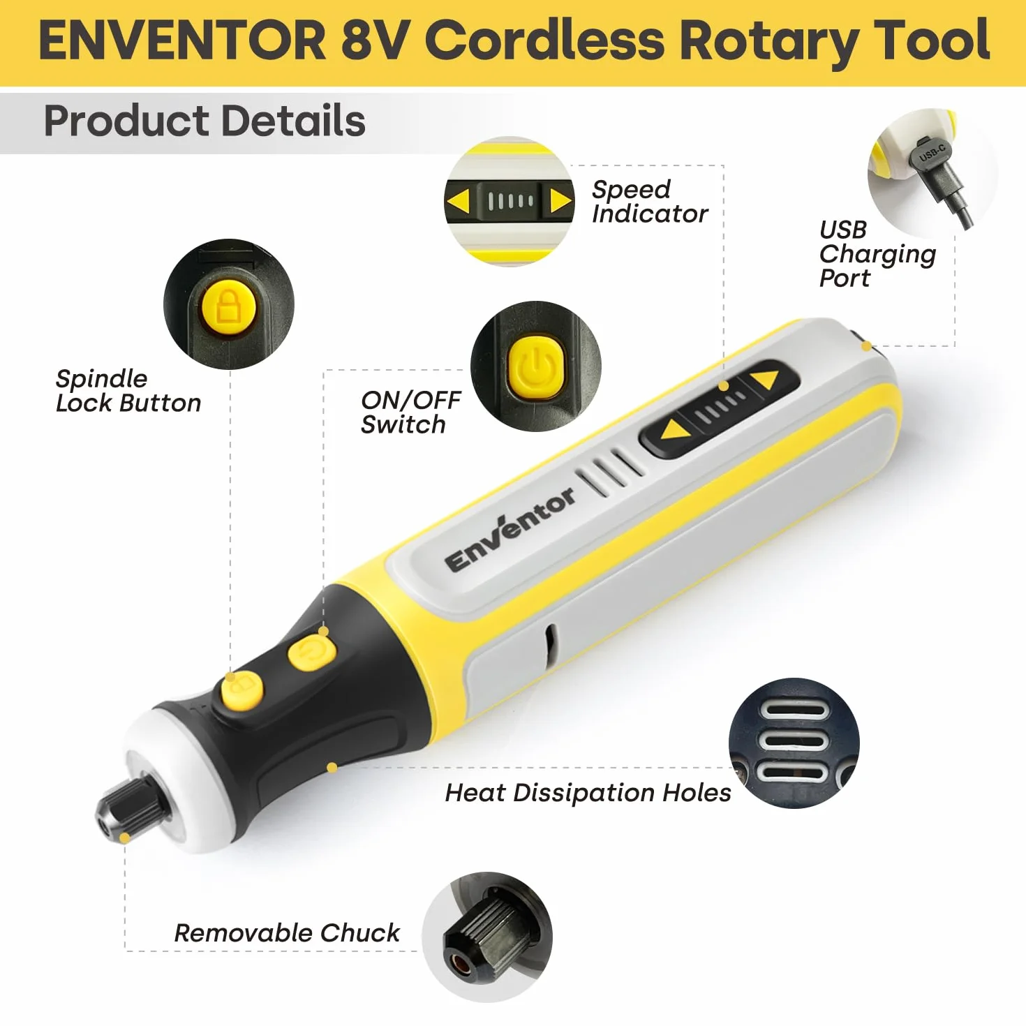ENVENTOR Mini Narzędzie wielofunkcyjne akumulatorowe 8V 80 akcesoriów 5000-28000 RPM