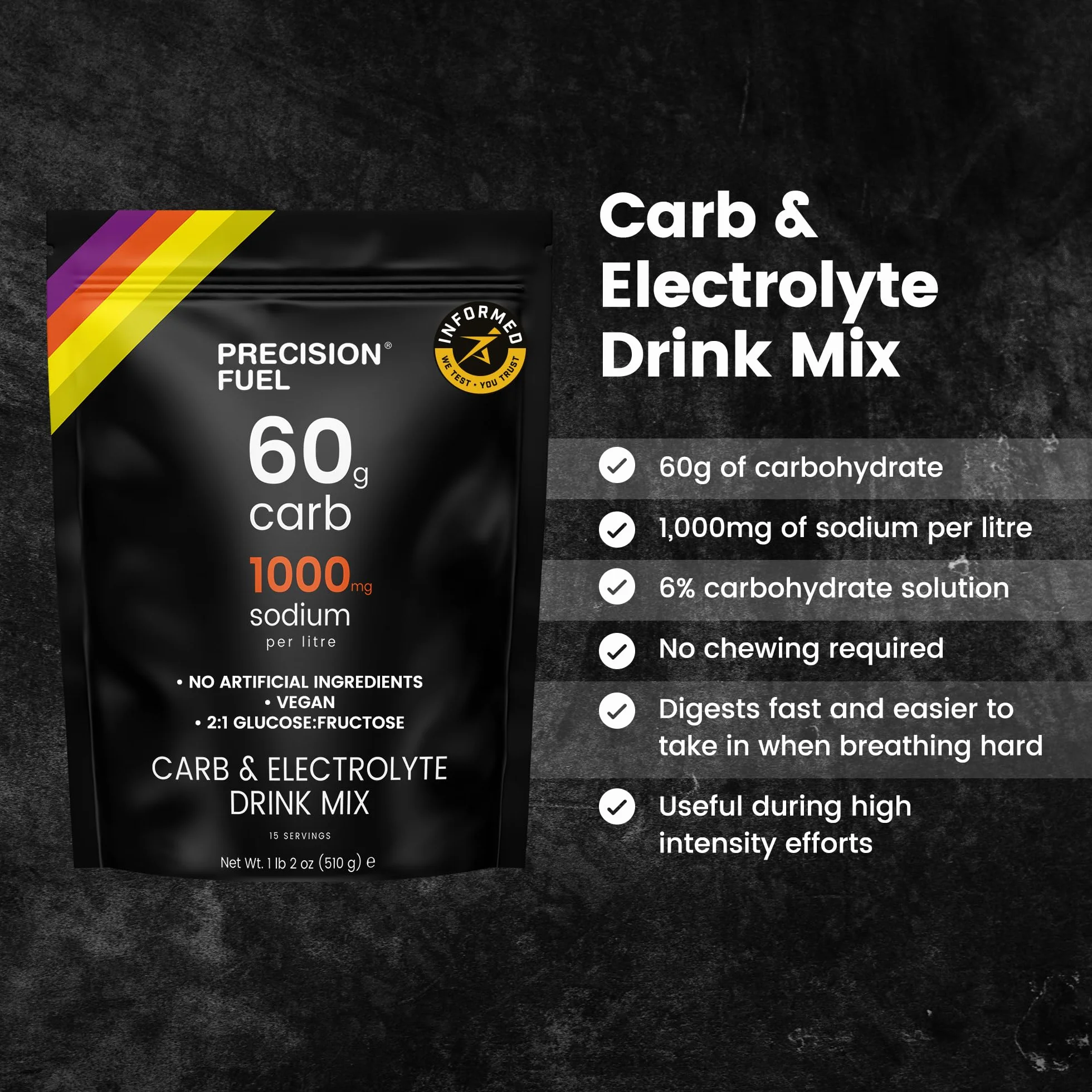 Precision Fuel Carb & Electrolytes Powder Drink Mix – Wysokowydajny Napój Energetyczny, 60g Węglowodanów, 1000mg Sodu, Produkt Wegański