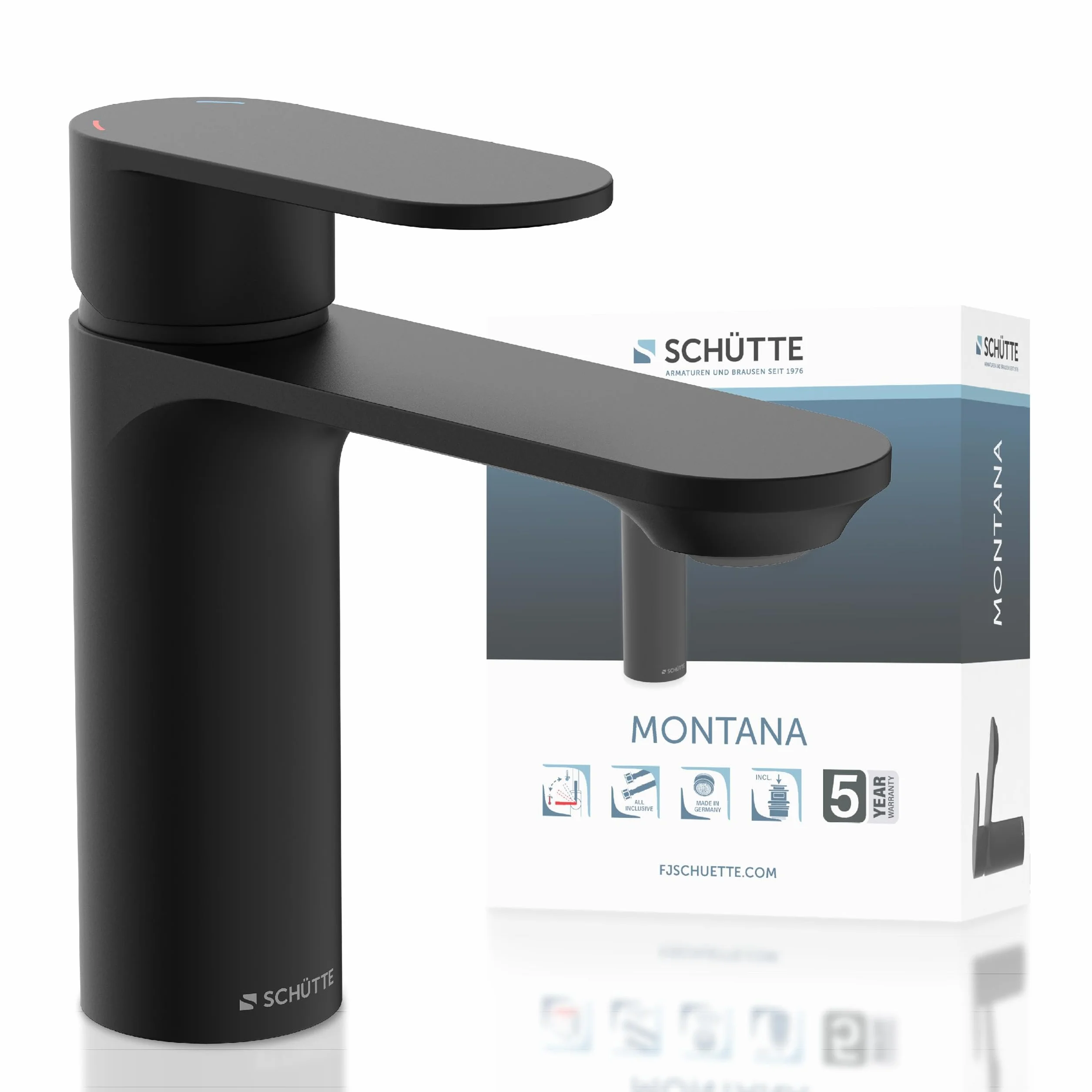 SCHÜTTE MONTANA 32316 bateria umywalkowa łazienkowa z zestawem odpływowym, jednouchwytowa bateria łazienkowa z korkiem odpływowym, bateria mieszakowa, umywalka, czarna