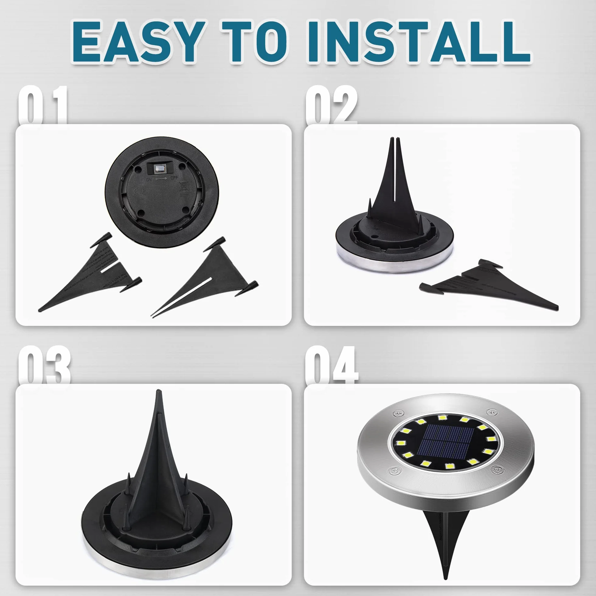 Solpex Zestaw 8 sztuk solarnych lamp gruntowych do ogrodu, 12 diod LED, Ciepła biel, ze stali nierdzewnej, wodoszczelne, na taras, trawnik, podwórko, chodnik