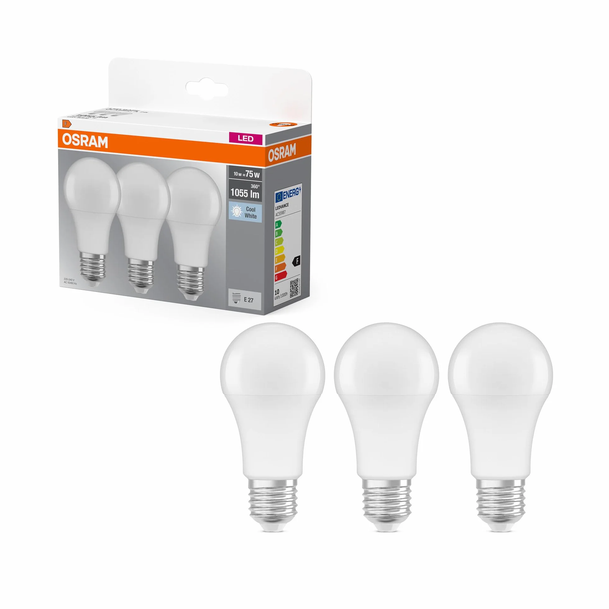 OSRAM Żarówka LED Base Classic A75, kształt żarówki 10W 840, 4000K, zimna biel, E27, matowa, 1055 lm, odporna na wstrząsy i wibracje