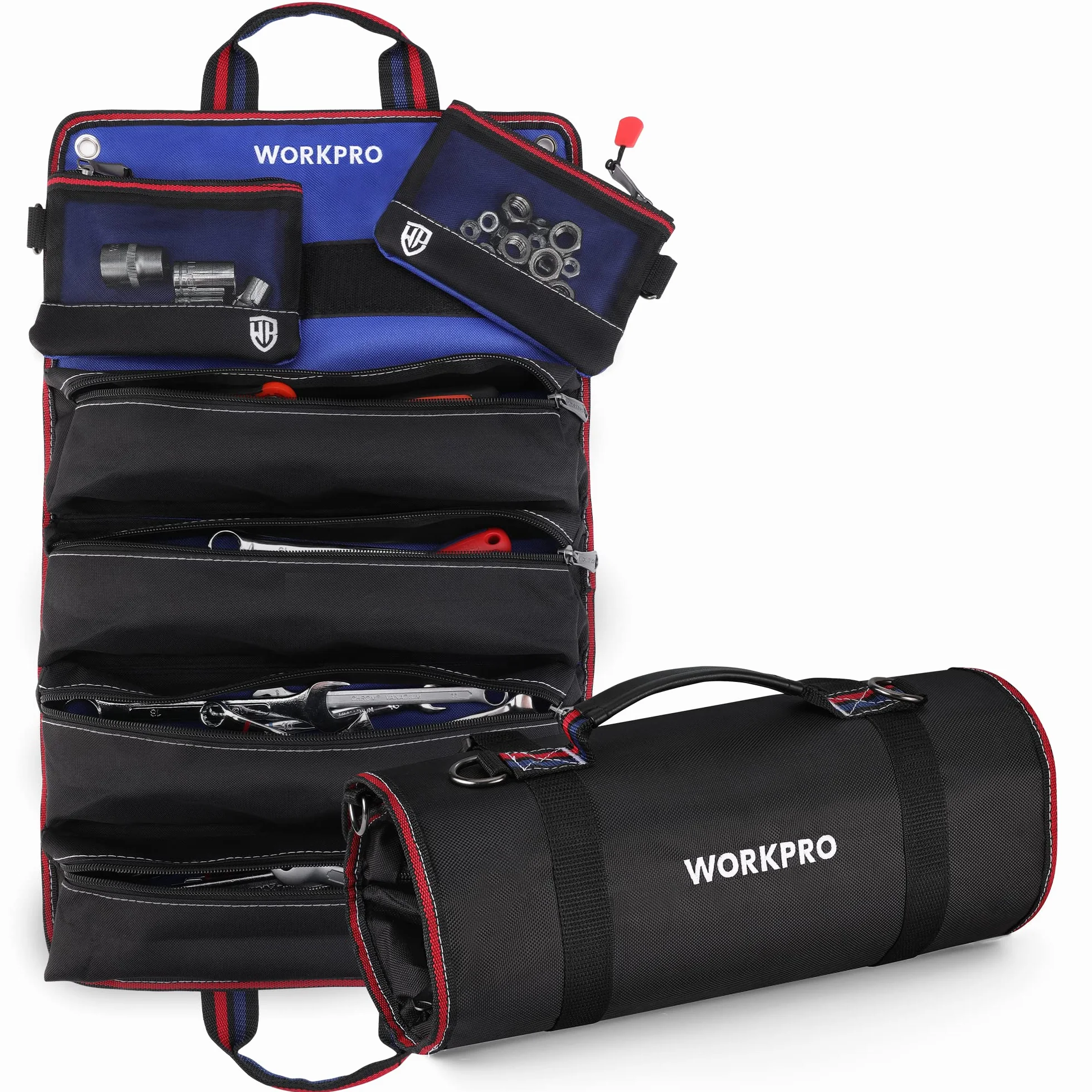 WORKPRO Torba na narzędzia, zwijana torba uniwersalna, 57 x 36 cm organizer do rolek narzędzi, 6 kieszeni, tkanina Oxford 720D, dla elektryków/stolarzy/hydraulików