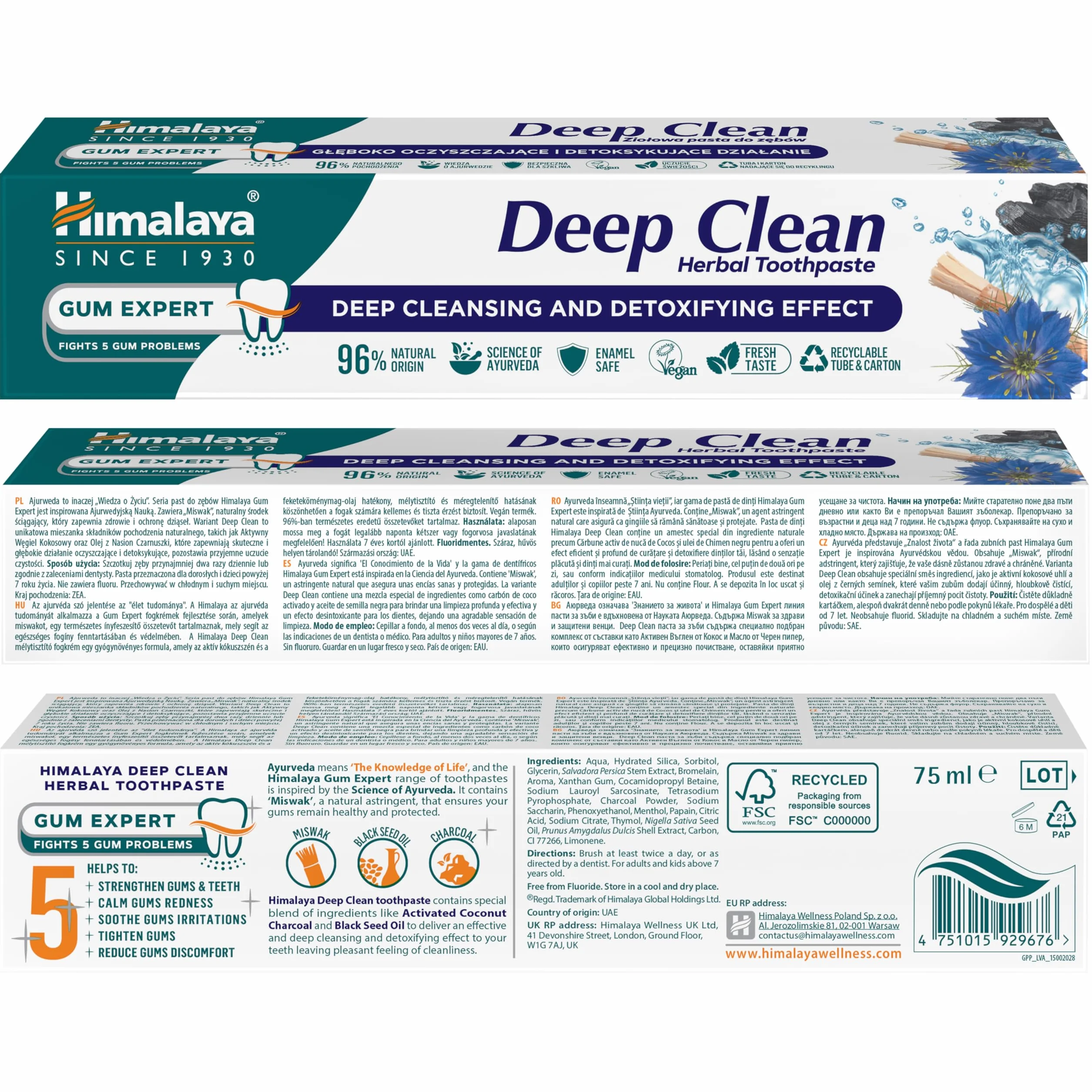 Himalaya Deep Clean Ziołowa Pasta do Zębów 75ml – Głęboko Oczyszczająca, 96% Składników Naturalnego Pochodzenia, Bez Fluoru, Technologia Enzymów Roślinnych, Z Miswakiem i Olejem z Czarnuszki