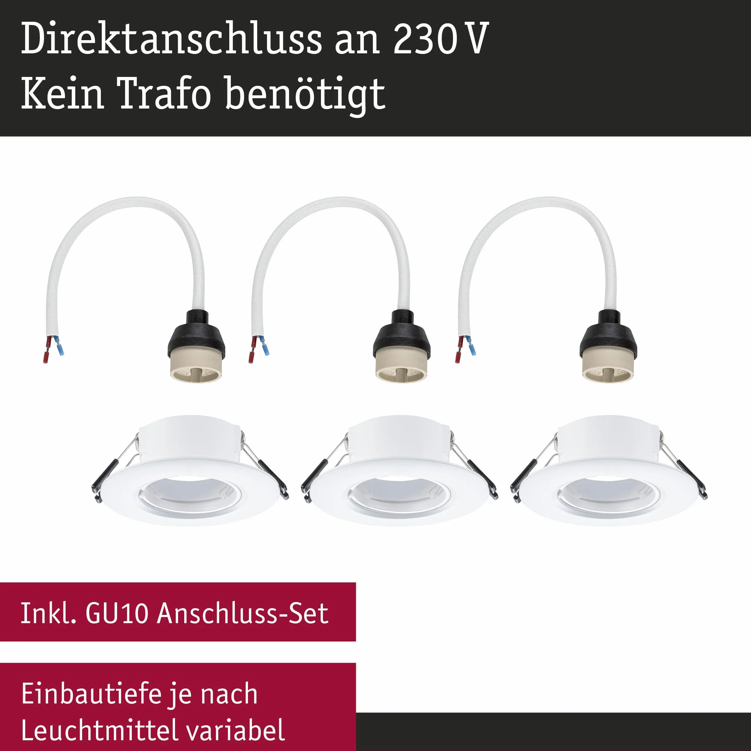 Paulmann 92112 Reflektory wpuszczane zestaw 3 stałych okrągłych 90 mm GU10 max. 3x10W 230 V Biała oprawa do zabudowy - oprawa oświetleniowa bez żarówki