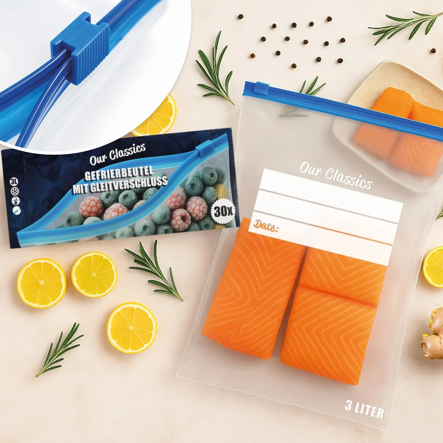 com-four® 60x Torebki do mrozenia 3L z zamknieciem – Wielokrotnego uzytku do przechowywania zywnosci – Uniwersalne worki na swiezosc i aromat do -40°C (3 L - 60 sztuk)