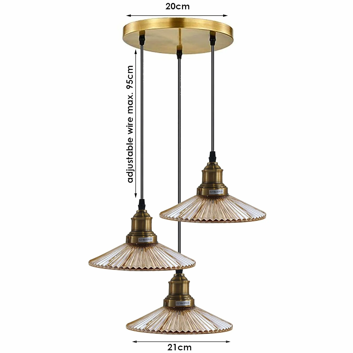 Długi żyrandol 3 światła żebrowany szklany sufit wisząca lampa wisząca | Nowoczesne wiszące lampy sufitowe z mosiądzu | odcienie 21 cm i regulowane kable 95 cm | do willi salonu przedsionka schodów