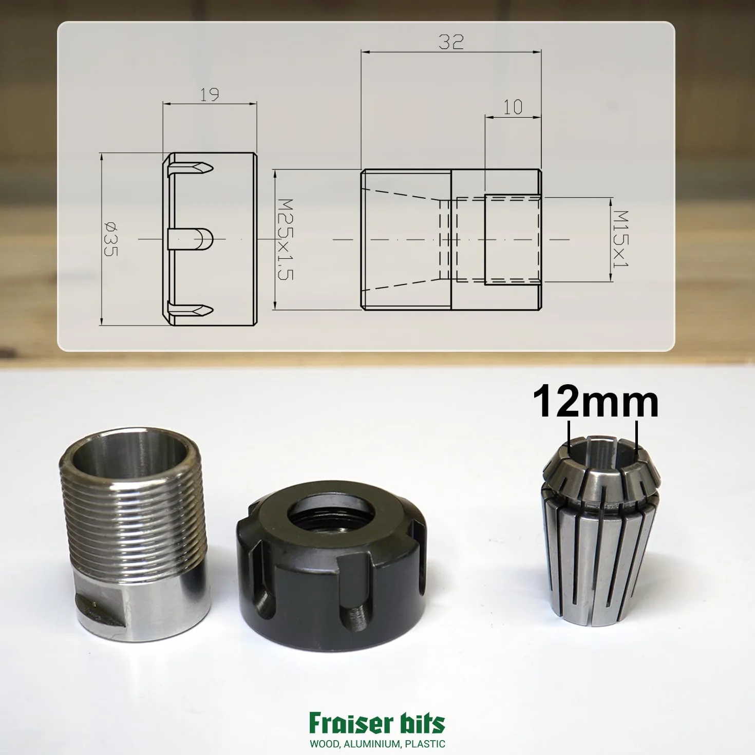Fraiser Wrzeciono kompatybilne z POF 1200-1400 ER20 frezarka pionowa z trzonkiem 12 mm do frezowania drewna – akcesoria do frezarki do drewna