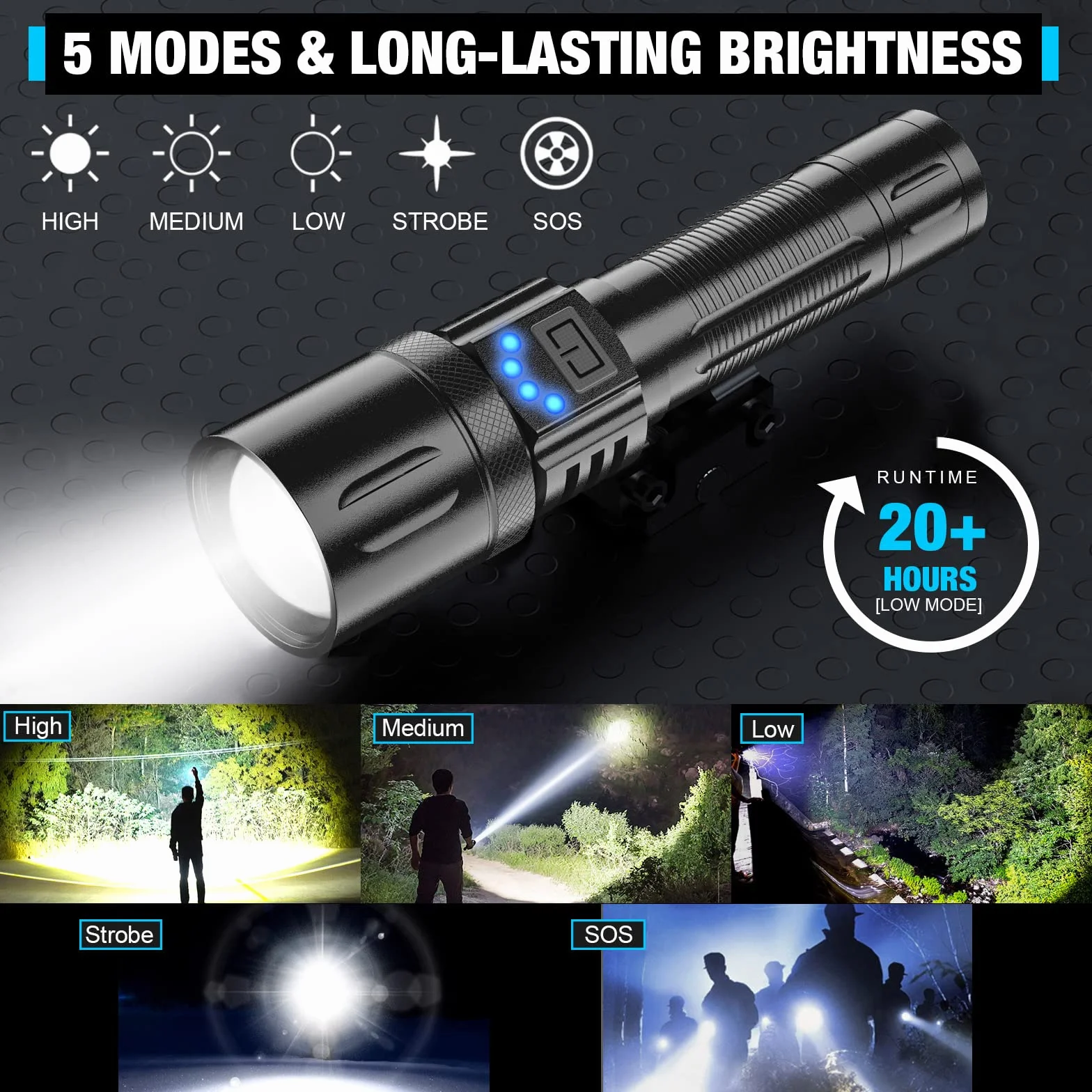 Taktyczne latarki LED, super jasna, 10000 lumenów, latarka o wysokim natężeniu światła (do biwakowania i wędrówek) z wodoodpornością IPX7, zoomowa, mała latarka do wielokrotnego ładowania, w nagłych wypadkach