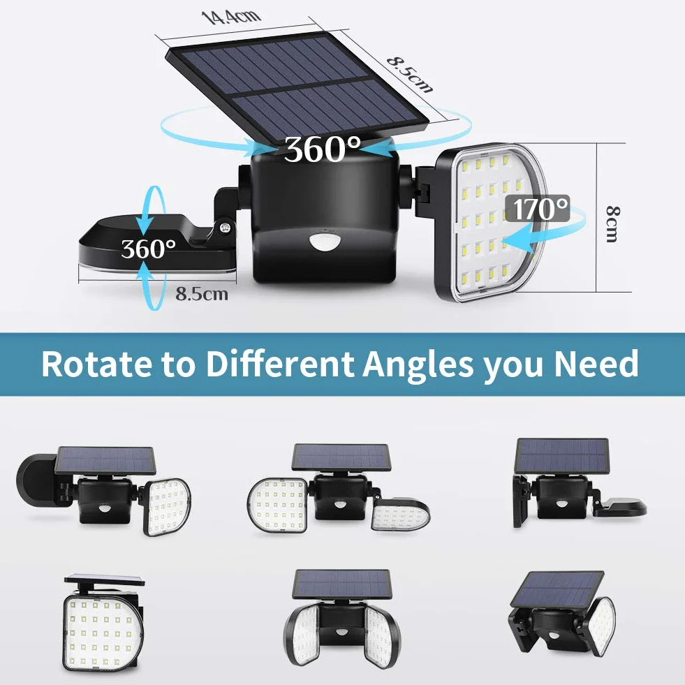 OUSFOT Lampy solarne na zewnątrz 56 LED solarne światła powodziowe czujnik ruchu podwójny panel światło bezpieczeństwa 360° regulowany reflektor ścienny IP65 wodoodporny do ogrodu garażu podjazdu drzwi wejściowych