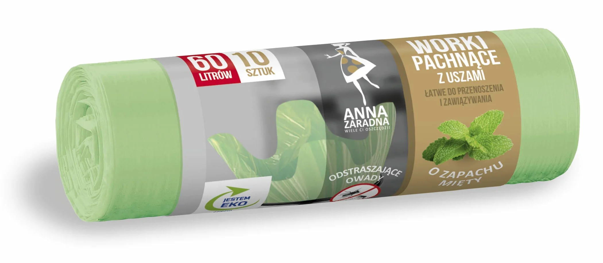 ANNA ZARADNA worki na śmieci z uszami, zapach CYTRUSOWY, o pojemności 60 l, 10 sztuk, worki na odpady domowe i do biura z folii HDLD, wyprodukowane z surowców tórnych, kolor: zielony