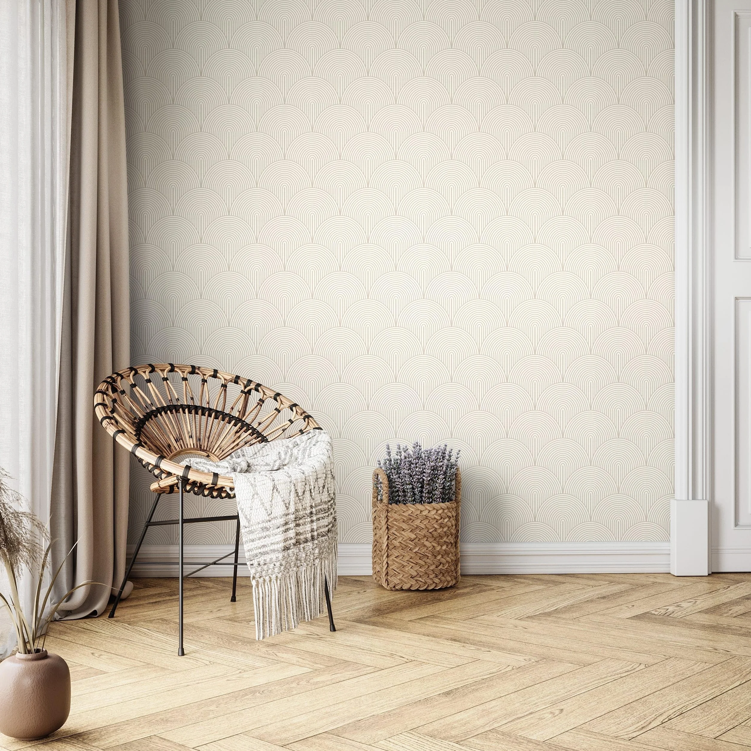 NEWROOM Tapeta Beżowa Flizelinowa Winylowa Łuki - Wzór Art Deco Boho Linie Salon Sypialnia
