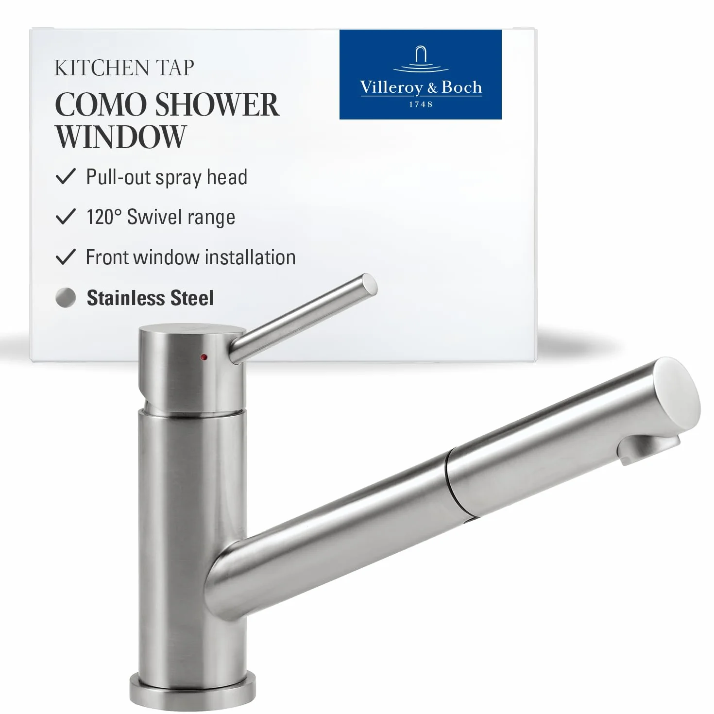 Villeroy & Boch Como Shower Window | Wysokociśnieniowa bateria kuchenna z wyciąganą słuchawką prysznicową i montażem na okno | masywna stal nierdzewna | 925800LC