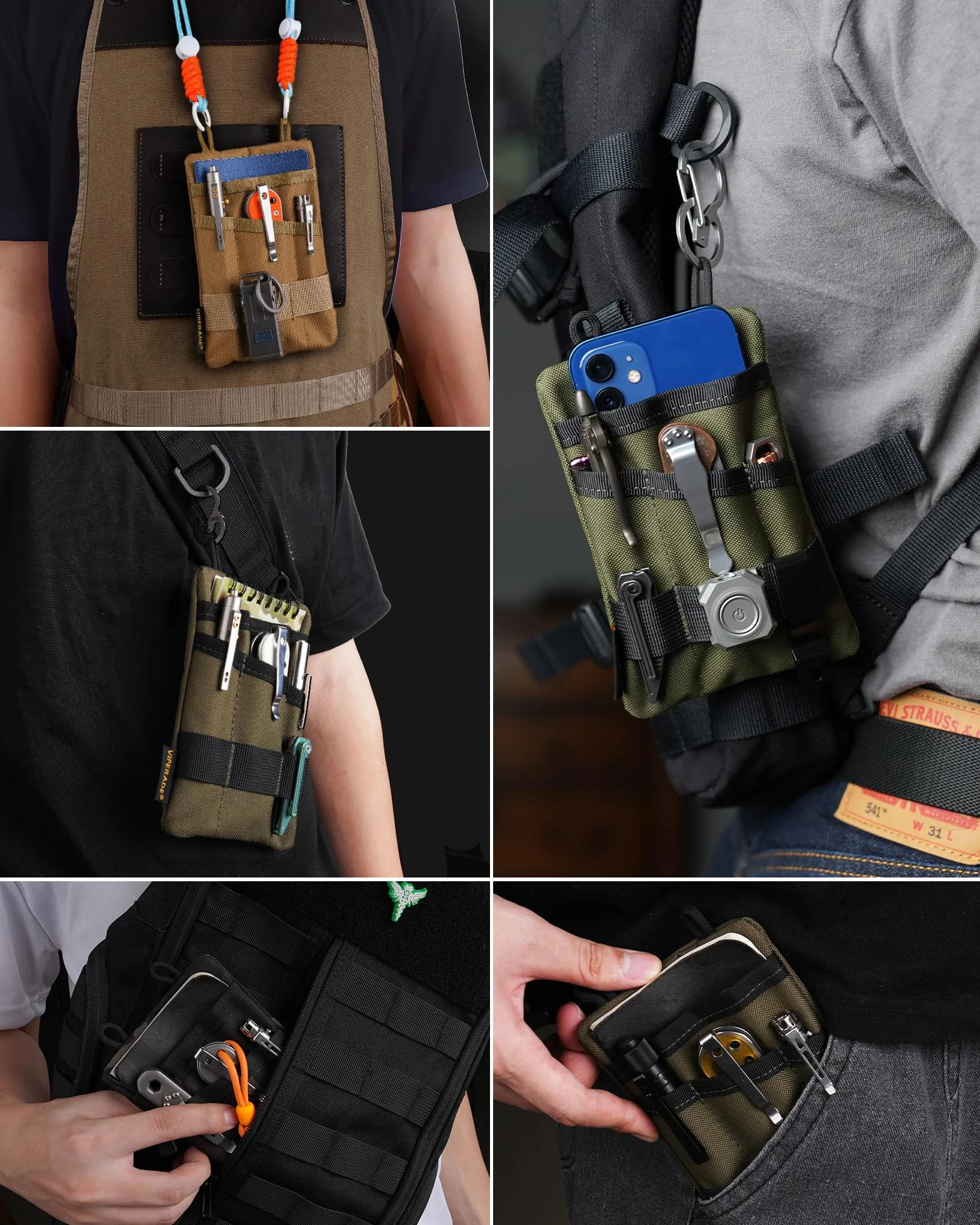 VIPERADE VE1 EDC Organizer kieszonkowy na narzędzia, mała torba EDC z 5 kieszeniami, mały organizer na narzędzia wielofunkcyjne, EDC, nylonowa torba na narzędzia, osłona na małą latarkę, narzędzia
