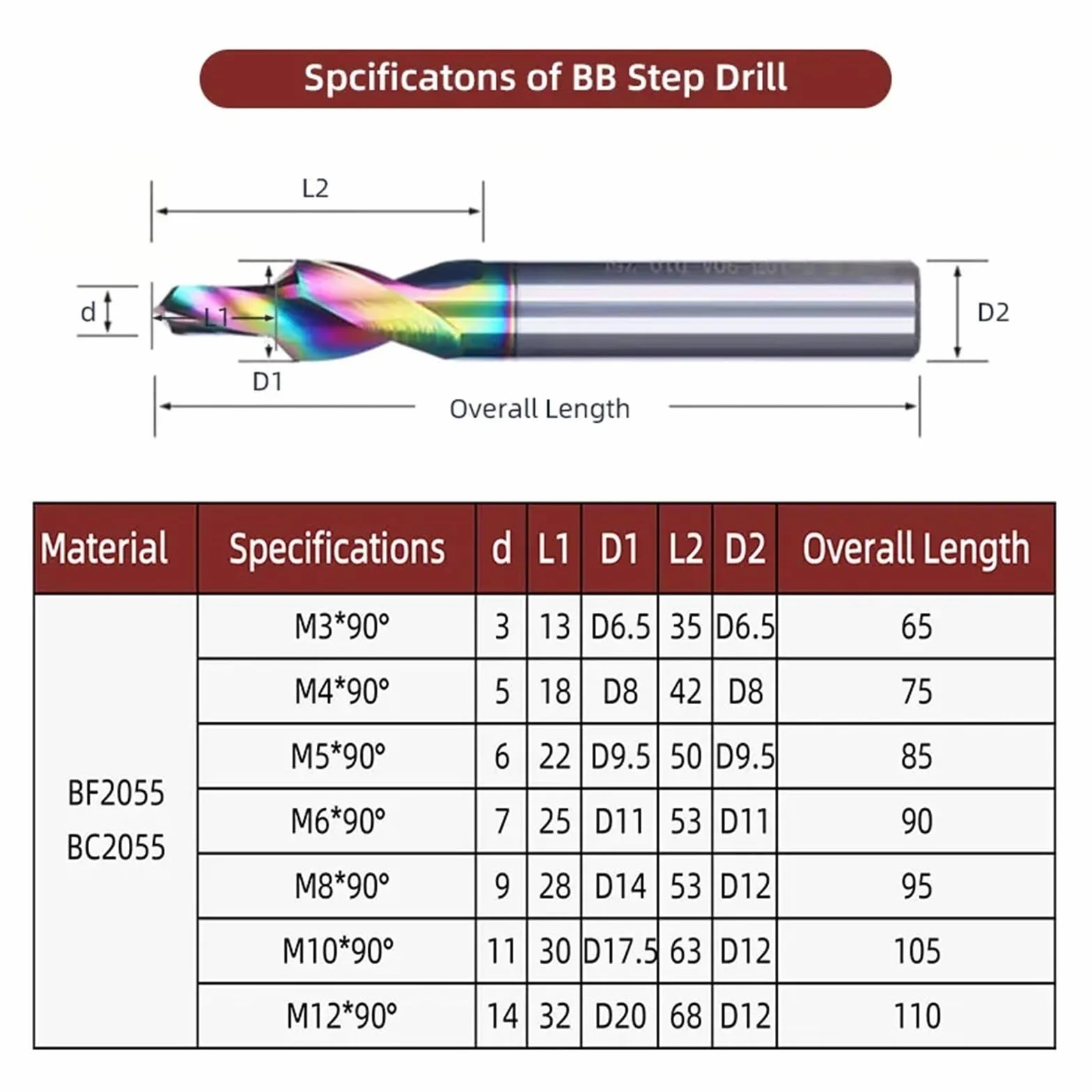 1 szt. Wiertło stopniowe 90 stopni 180 CNC Precyzyjne narzędzia do wiercenia z węglika spiekanego Otwór na śrubę z powłoką DLC(M5 (d5.5) x180Deg.)