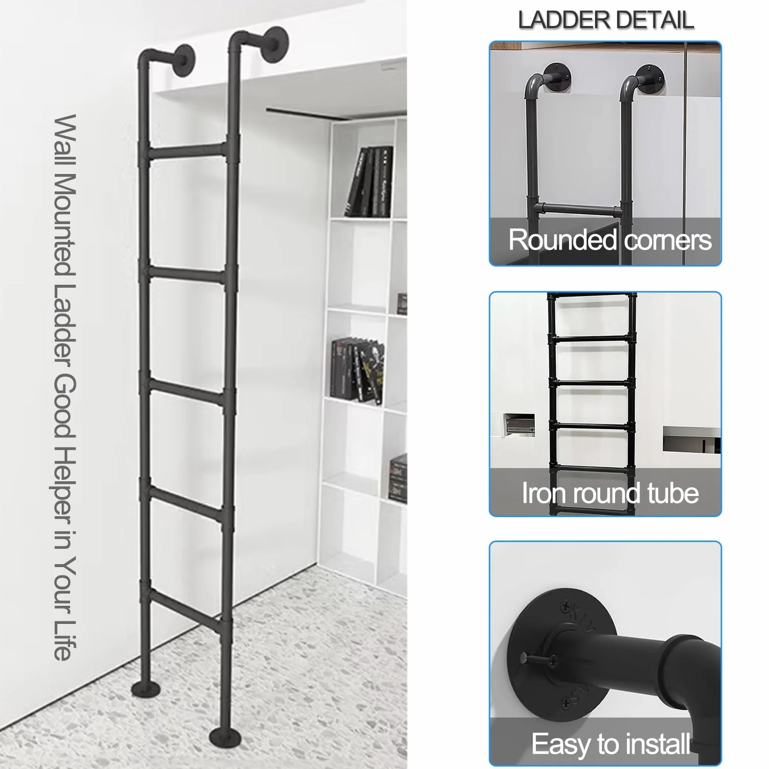Czarna metalowa drabina do łóżka loftowego montowana na ścianie, schody strychowe drabiny wyjściowe do piwnicy, drabina balustradowa bezpieczeństwa, ładunki 150 kg drabina ewakuacyjna