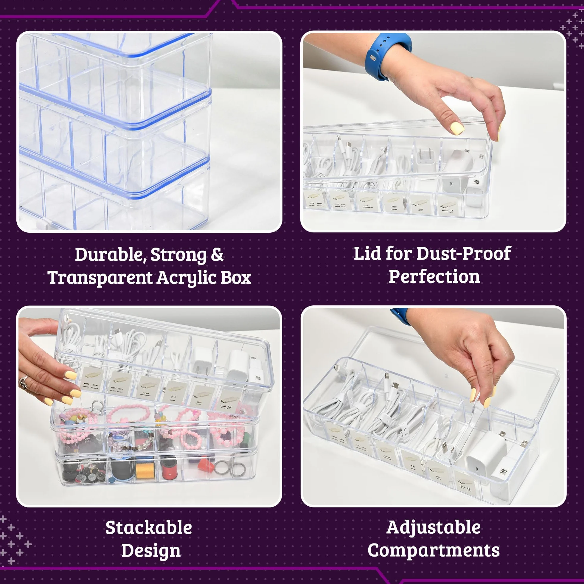 3 organizery na kable z etykietami, organizer na przewody, akrylowy organizer na kable do układania w stos, z pokrywkami, organizer na kable do szuflady, organizer na kable - organizer na kable -