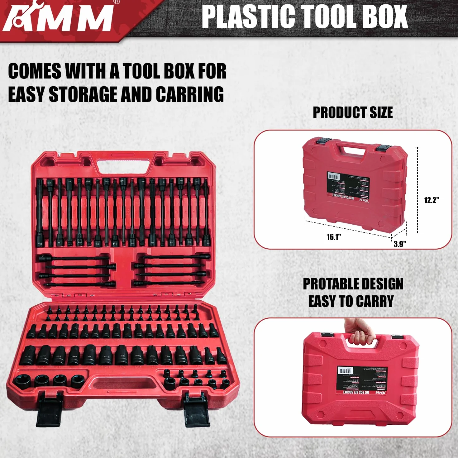 AMM 107 szt. zestaw nasadek imbusowych i Torx, 1/10.2 cm, 3/20.3 cm i 1/5.1 cm, bardzo długi Torx/Tamper Proof Torx/Hex/Ball End Hex, SAE/zestaw nasadek metrycznych, bity ze stali stopowej S2