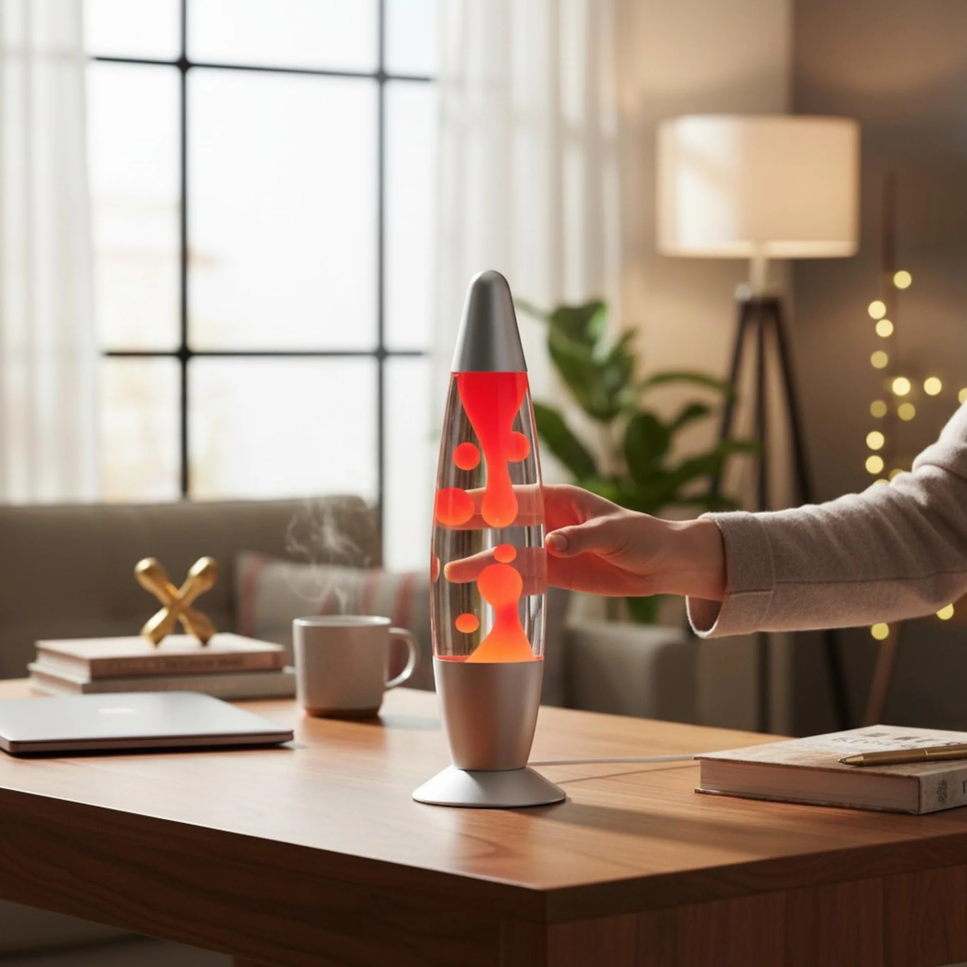 MIJOMA Lampa lawowa retro 30 cm szkło aluminium srebrna nóżka przełącznik sznurkowy klasyczna czerwień