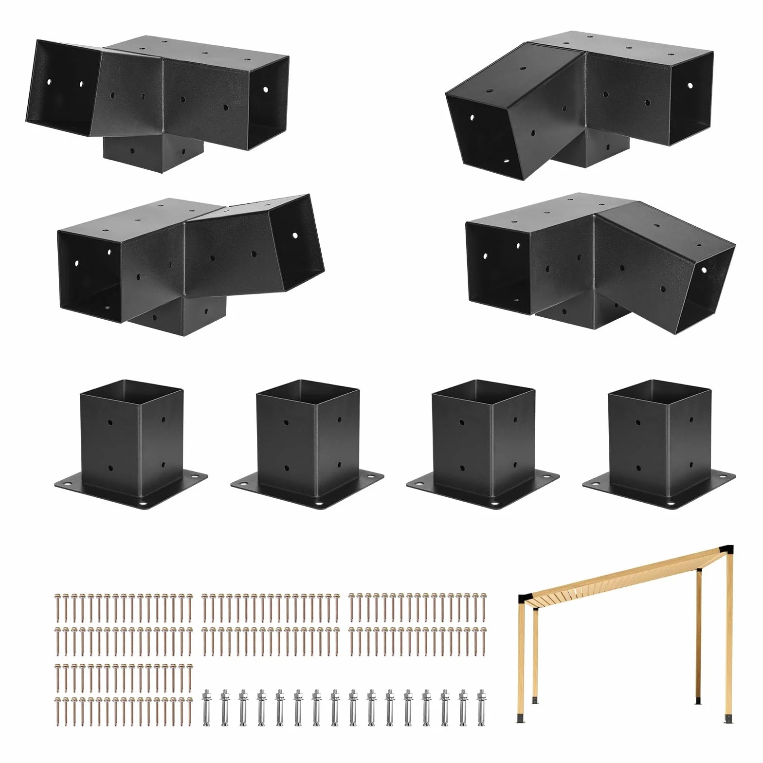 VEVOR Zestaw pergoli ze stali węglowej, 8 sztuk 3-drożnych wsporników pochylonych ok. 101 x 101 mm, pasuje do belek o wymiarach ok. 1067 x 1067 mm z akcesoriami do montażu na ścianie, altany