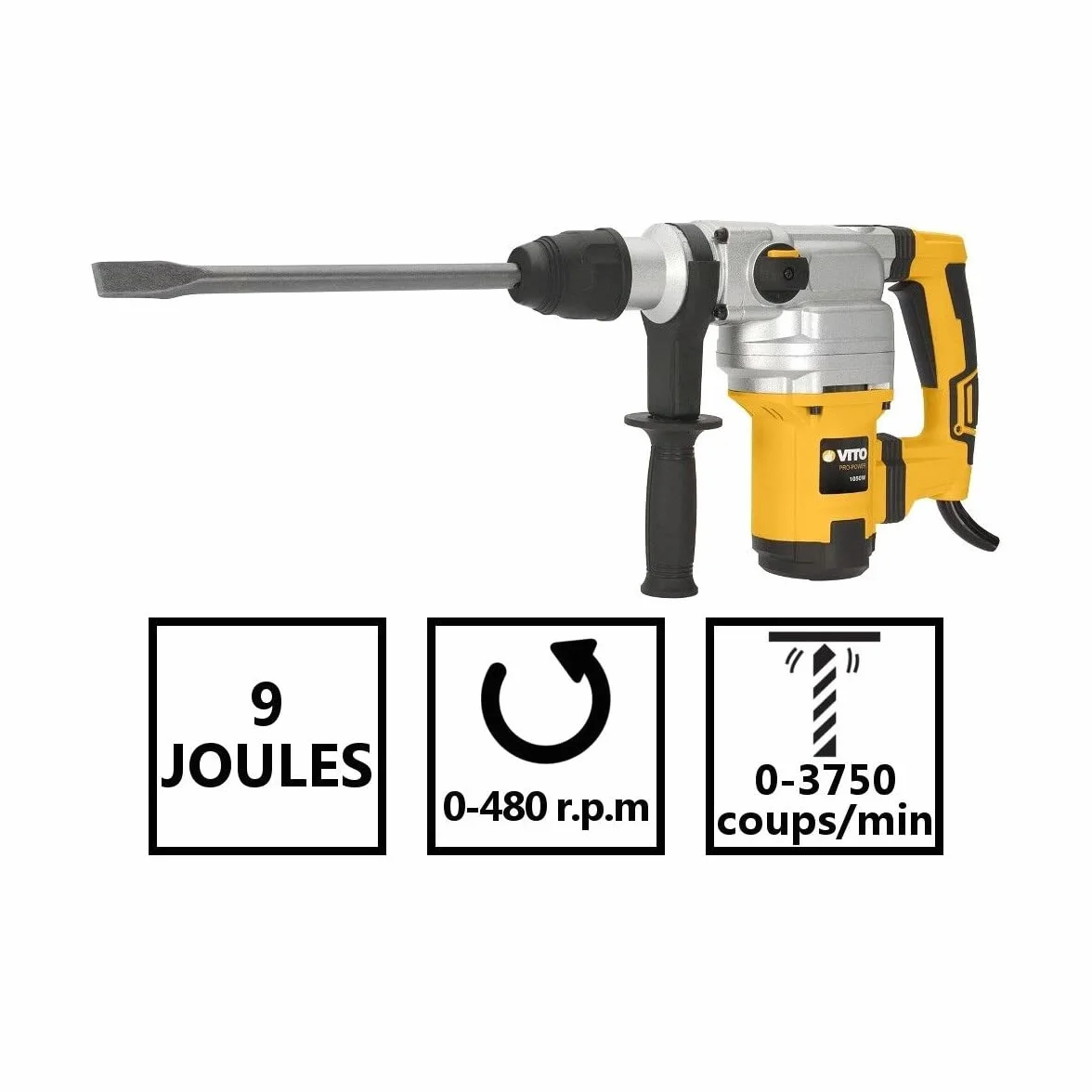 VITO SDS-Max młot udarowo-obrotowy, 1050 W, 9 J, młot wyburzeniowy VIMP1050P, 0-3750 ipm 0-480 obr./min, ochrona przed wibracjami, regulacja pozycji dłuta; sprzęgło bezpieczeństwa, wydajność wiercenia