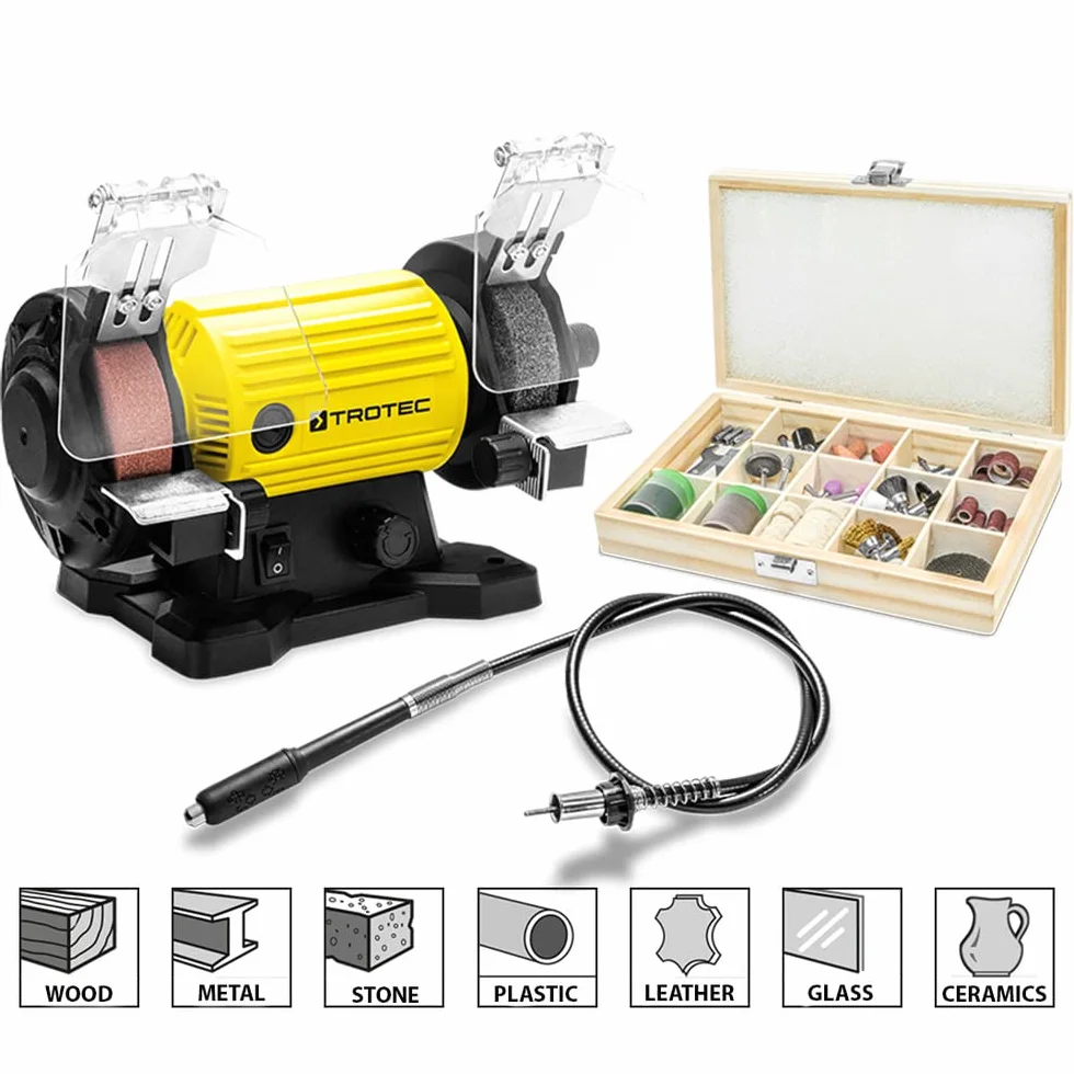 TROTEC Szlifierka PBGS 10-120 – podwójna szlifierka 120 W, poziom prędkości 0-11 500 obr/min, powierzchnia szlifowania Ø: 75 mm, 100-częściowy zestaw akcesoriów